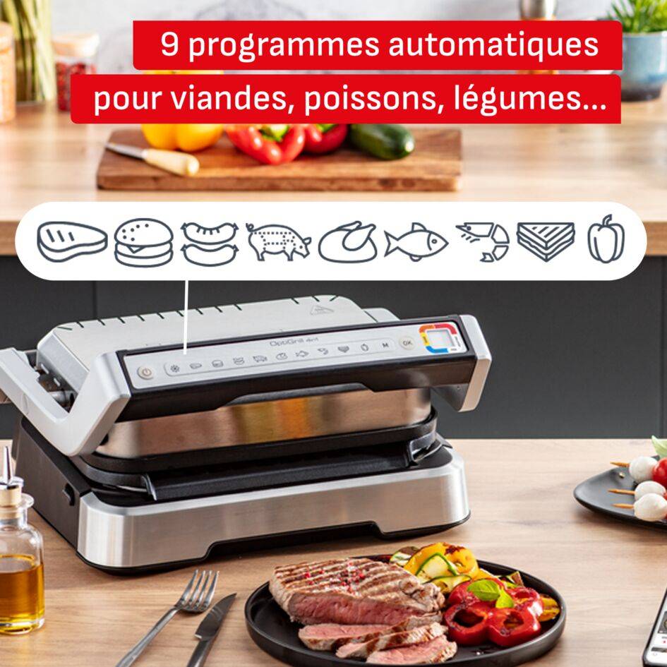 Optigrill 4-en-1, Grill intelligent, Fonctions barbecue et four, 9 programmes, Cuissons sur mesure