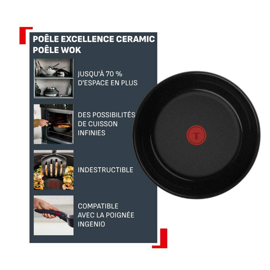 Ingenio Excellence Ceramic, Poêle wok 28 cm, Empilable, Revêtement céramique antiadhésif