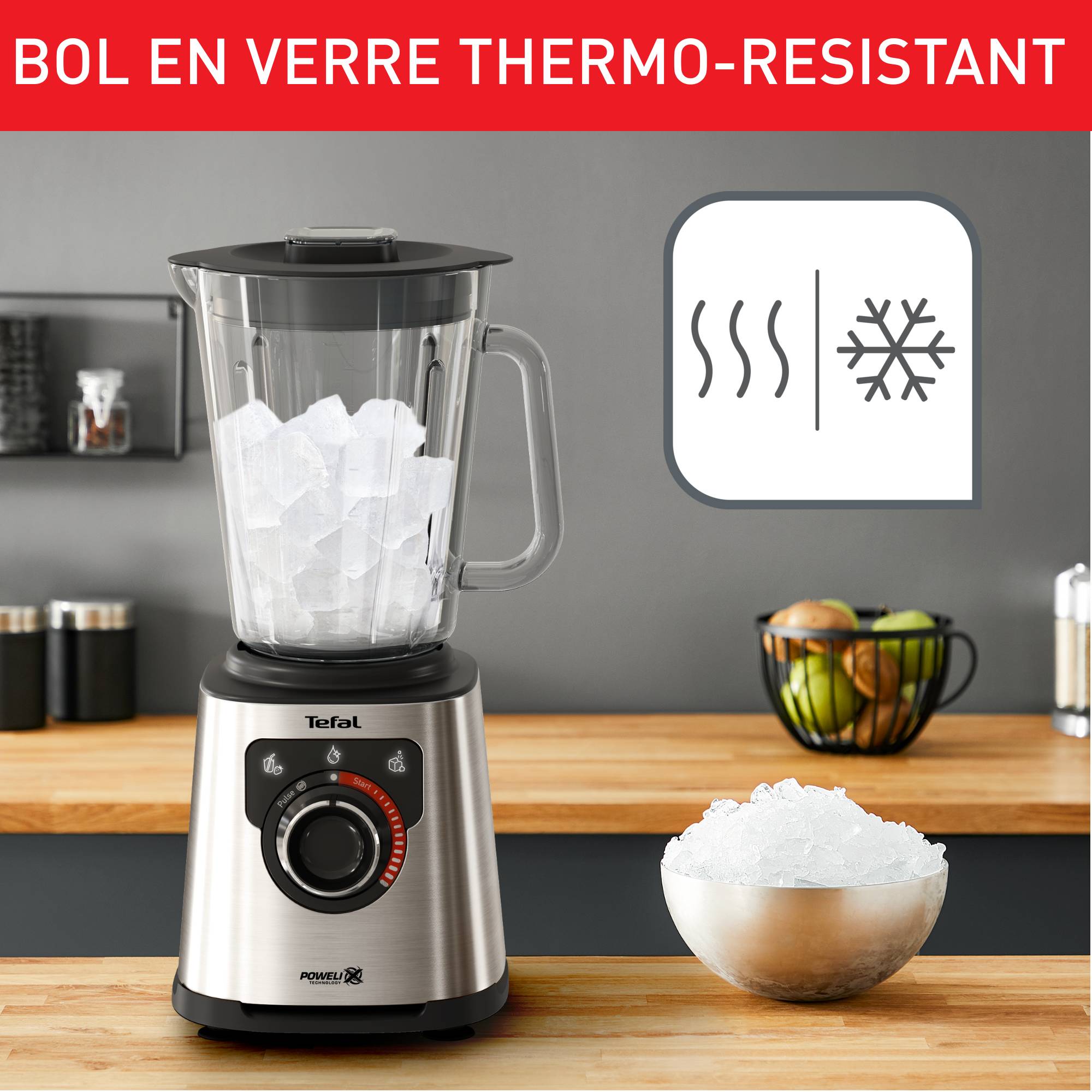 PerfectMix +, Blender haute performance,  Lames powelix, Bol en verre de 2L, 1200W , Noir et métal 
