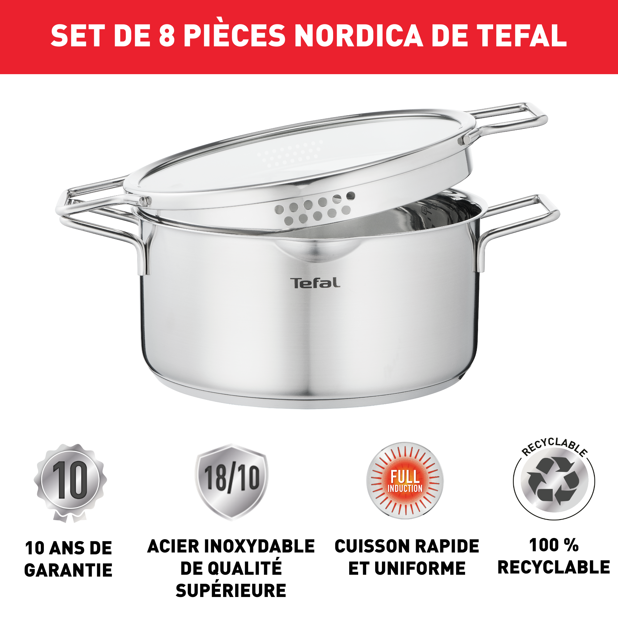 NORDICA set 8 pièces Casserole 16cm + Faitouts 18/20/24cm + couvercles
