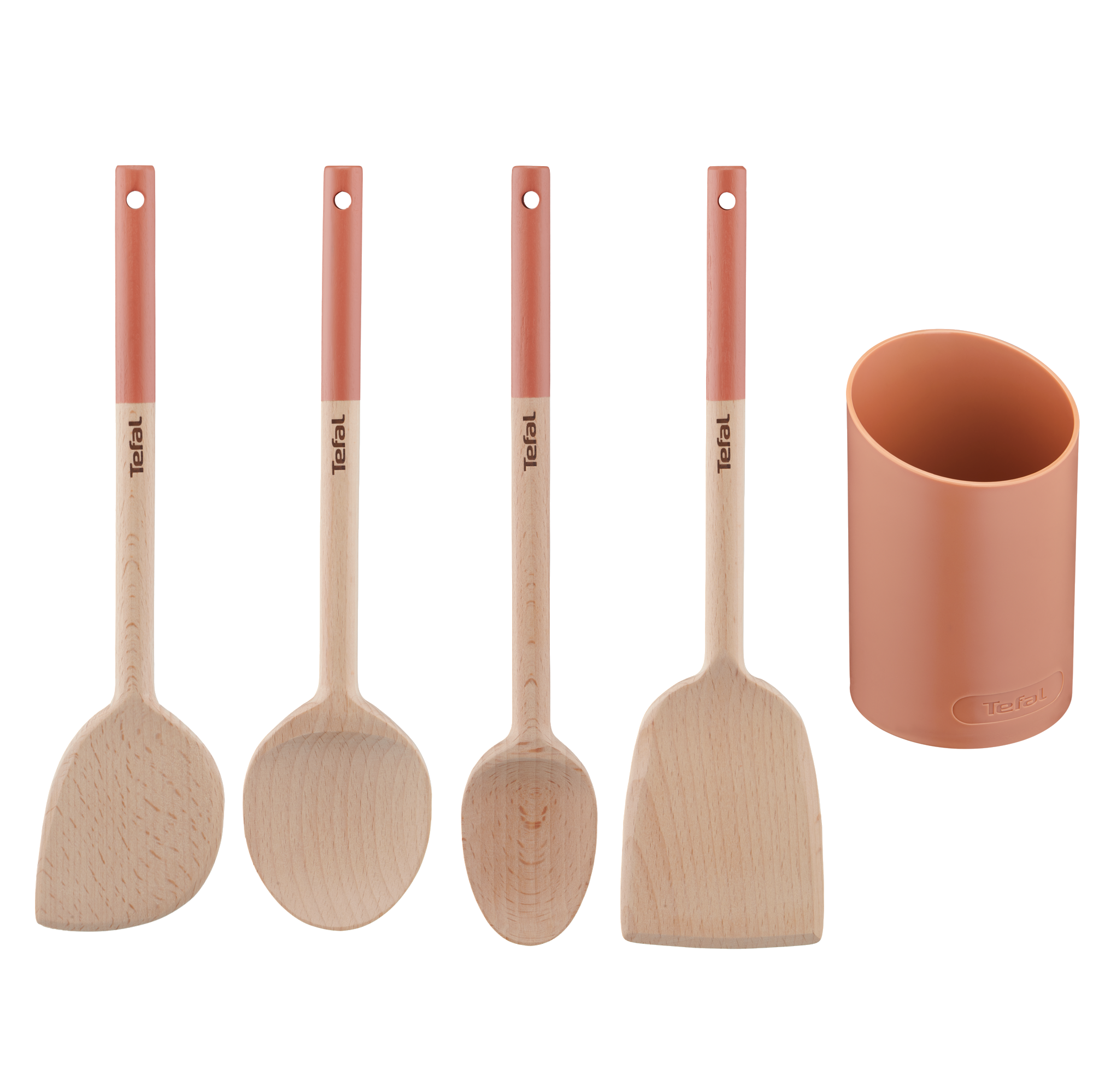 Set Natura en bois - terracotta : grande cuillère 28 cm, spatule biseautée 29 cm, maryse 28 cm, petite cuillère 29 cm et porte-ustensiles