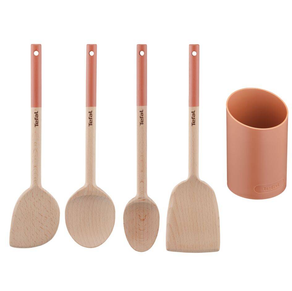 Set Natura en bois - terracotta&nbsp;: grande cuillère 28&nbsp;cm, spatule biseautée 29&nbsp;cm, maryse 28&nbsp;cm, petite cuillère 29&nbsp;cm et porte-ustensiles