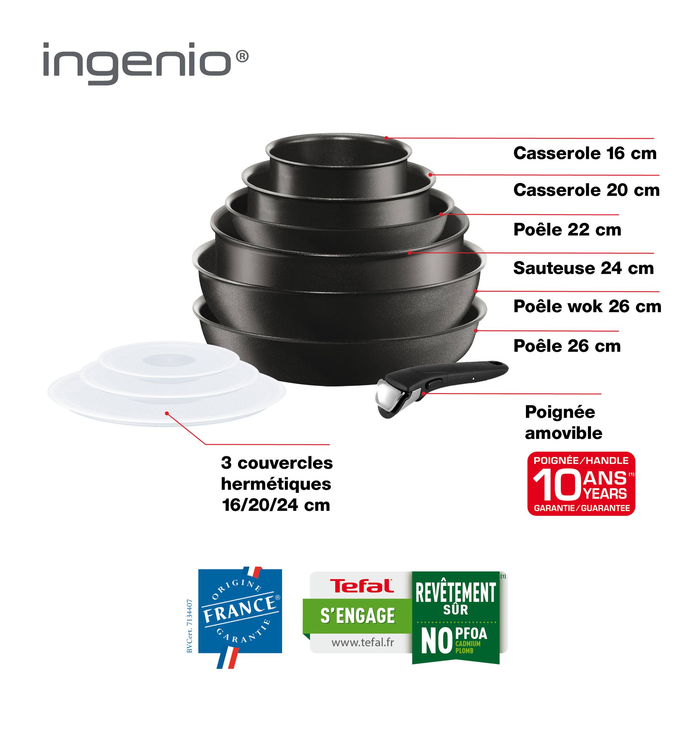 INGENIO PERFORMANCE Noir Batterie cuisine 10 pièces : casseroles 16/20cm, poêles 22/26 cm, wok 26 cm, sauteuse 24 cm, couvercles hermétiques 16/20/24cm, poignée amovible