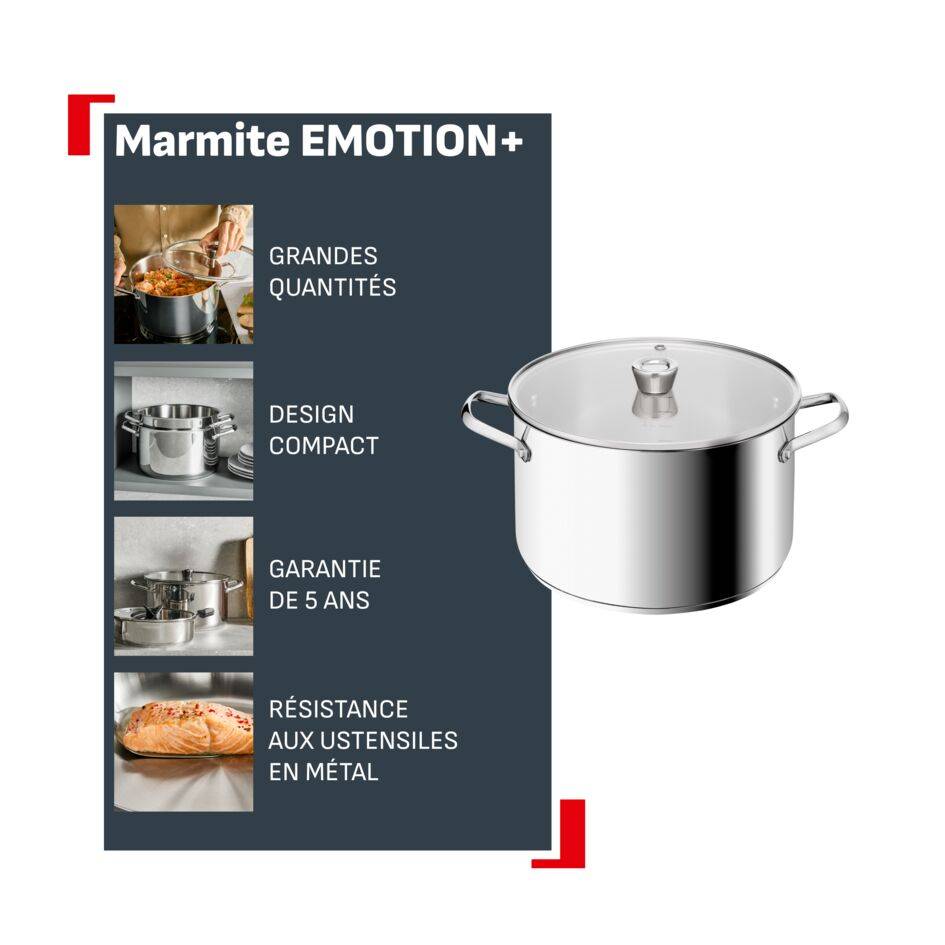 Emotion+ XL, Marmite 28 cm + couvercle, Acier inoxydable, Garantie 5 ans, Induction
