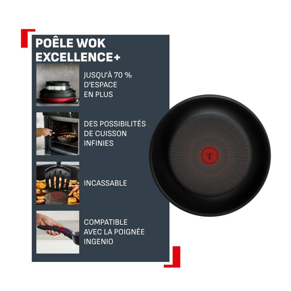 Ingenio Excellence + Fusion, Poêle wok 28 cm, Empilable, Revêtement antiadhésif, Induction