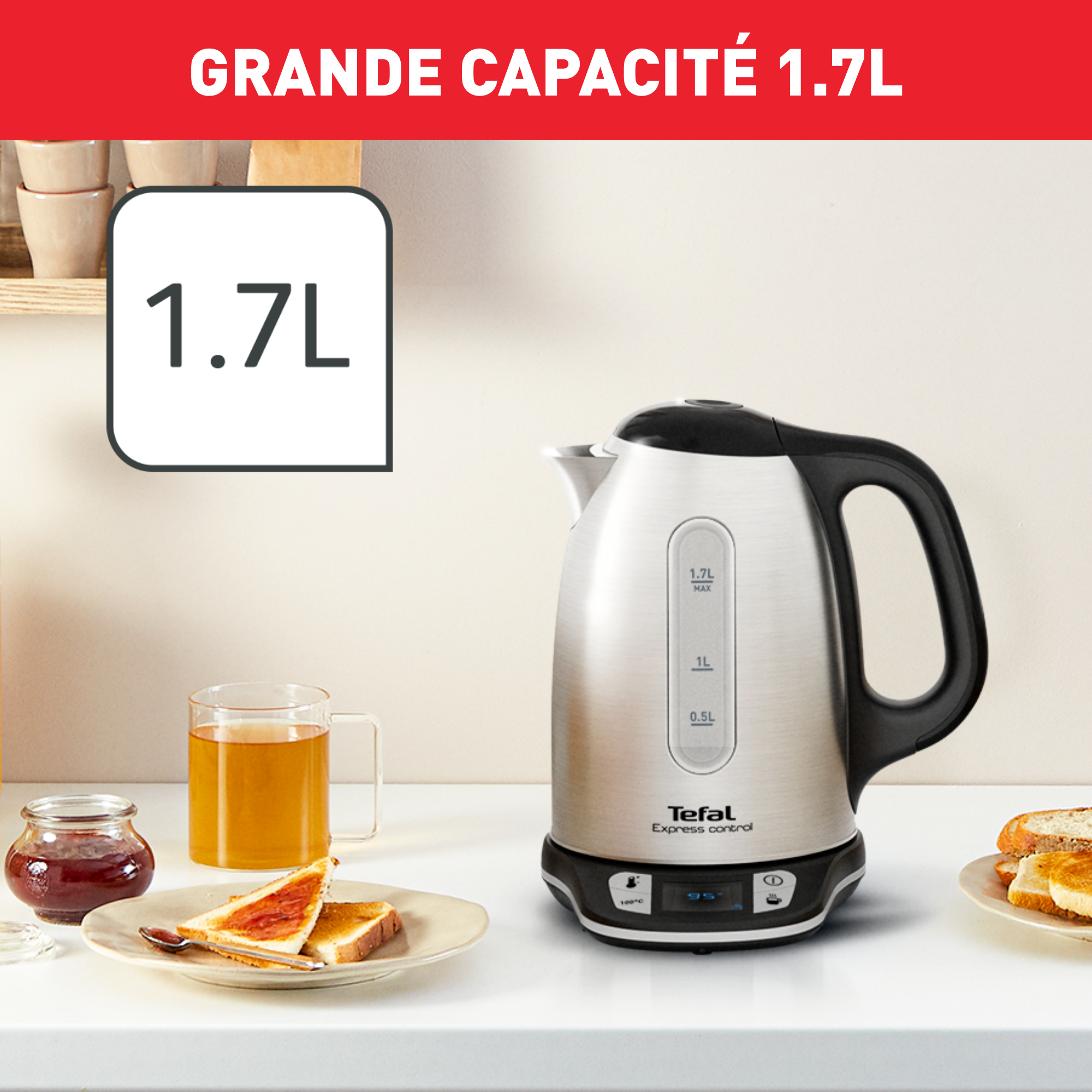 Bouilloire électrique Express inox sans fil 1,7 L, Réglable de 60 à 100°