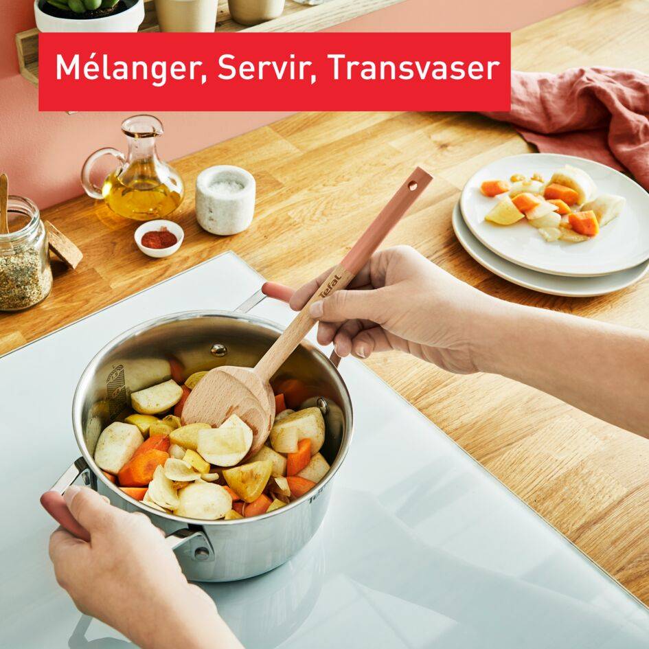 Set Natura en bois - terracotta : grande cuillère 28 cm, spatule biseautée 29 cm, maryse 28 cm, petite cuillère 29 cm et porte-ustensiles