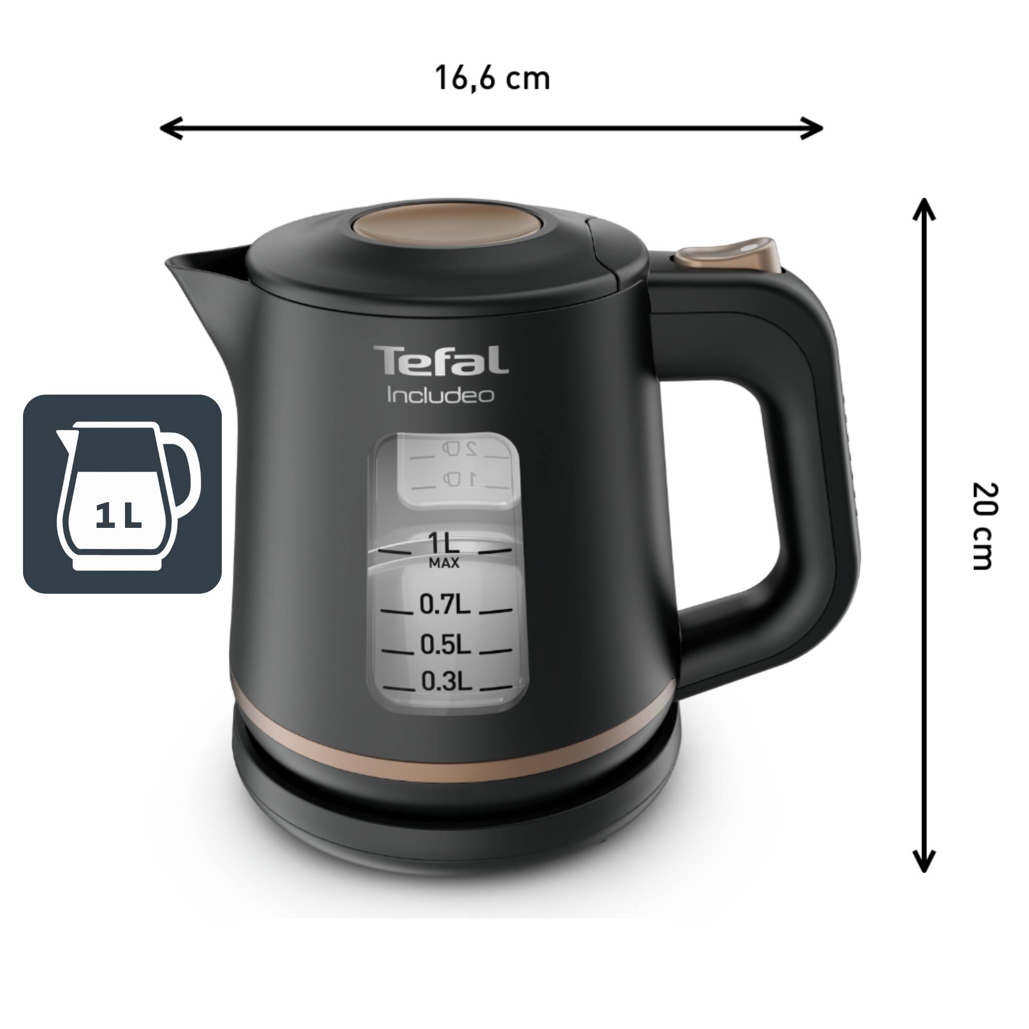 Bouilloire électrique INCLUDEO 1 L, Utilisation facile pratique, Poignée ergonomique