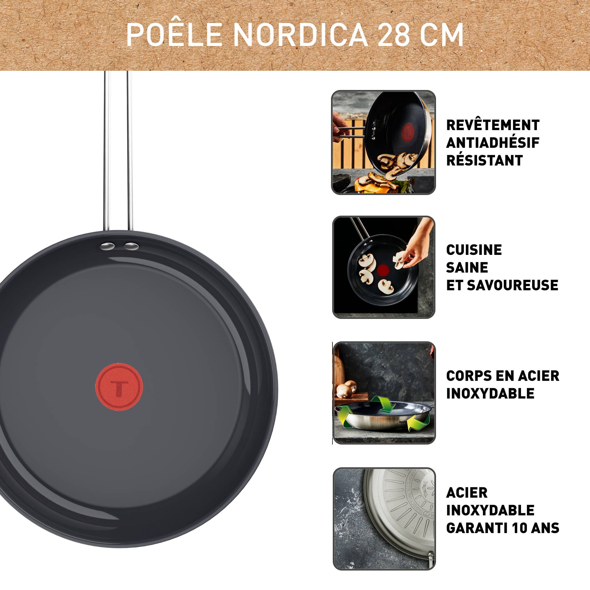 Nordica, Poêle en acier inoxydable 28 cm, Revêtement antiadhésif en céramique