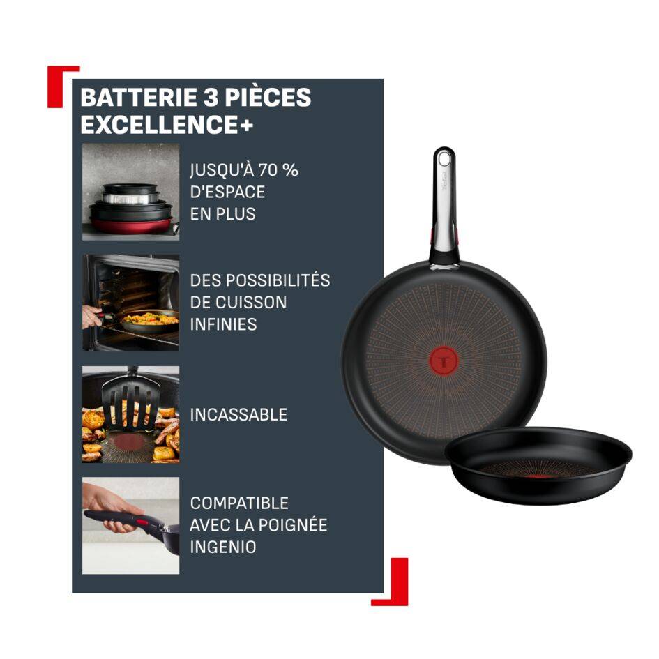Ingenio Excellence+, Batterie de cuisine 3&nbsp;pièces, Empilable, Revêtement antiadhésif