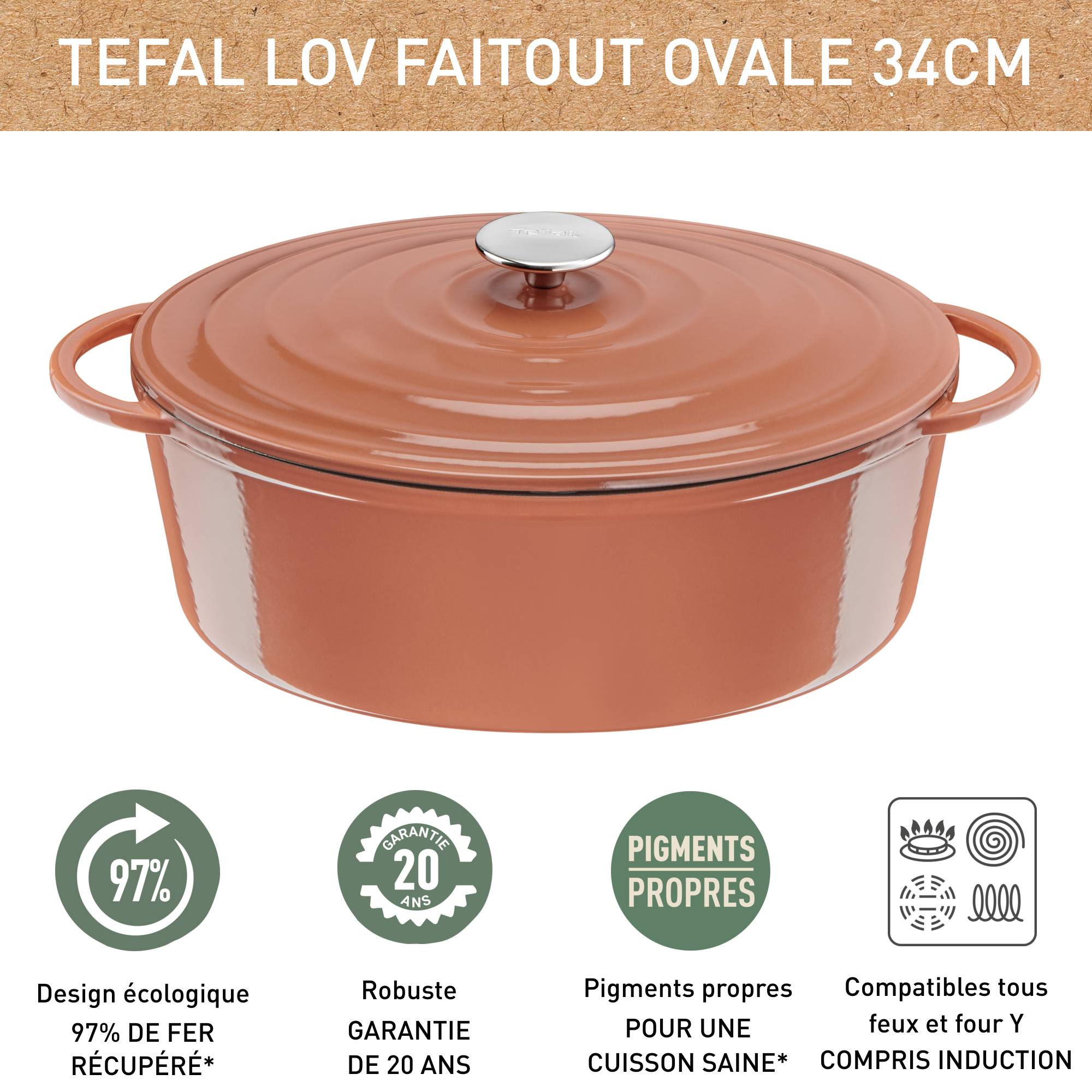LOV, Cocotte en fonte ovale 34x26 cm, Induction, Four, Éco-conçue, Terracotta
