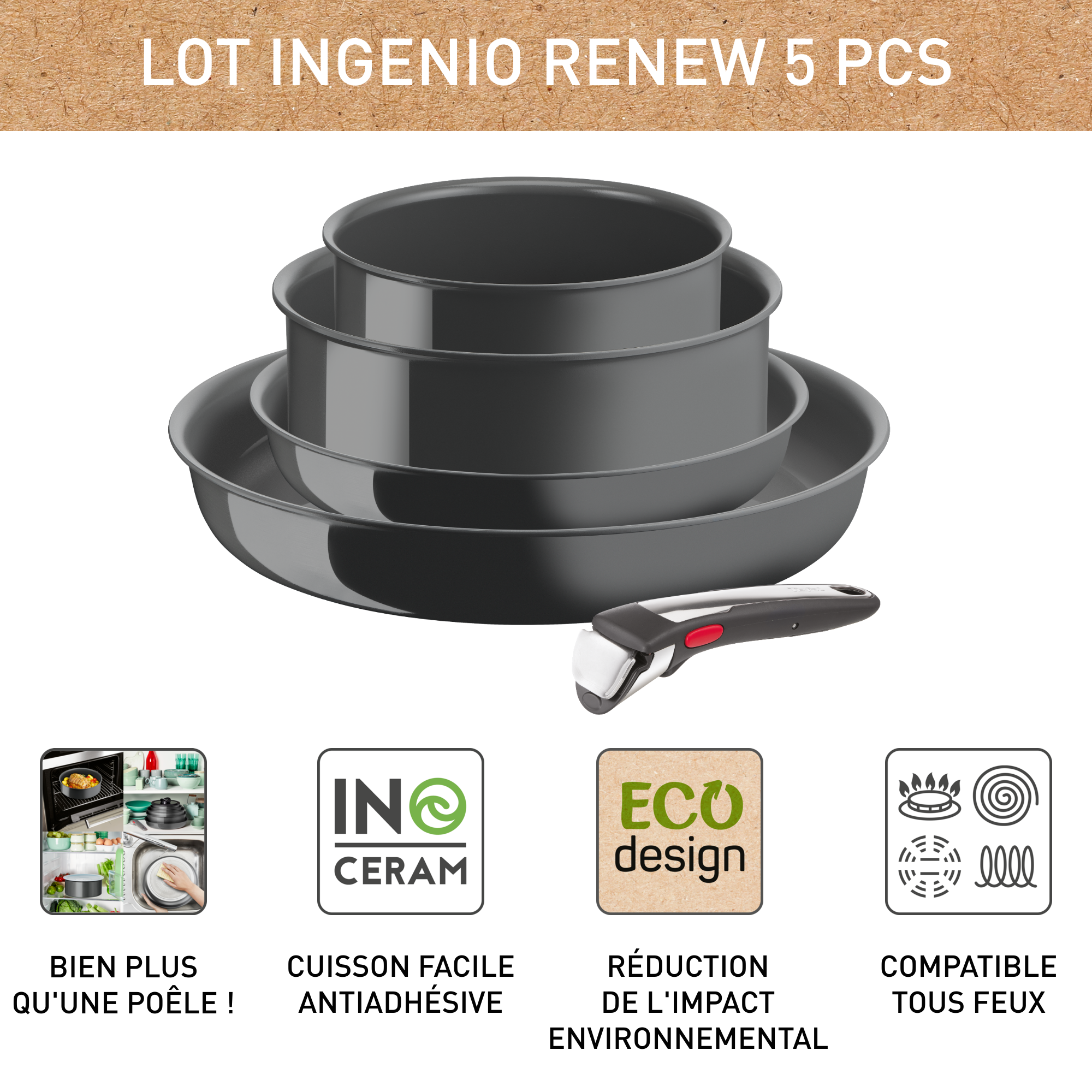 Ingenio Renew On, Céramique antiadhésive, Batterie de cuisine 5 p, Induction
