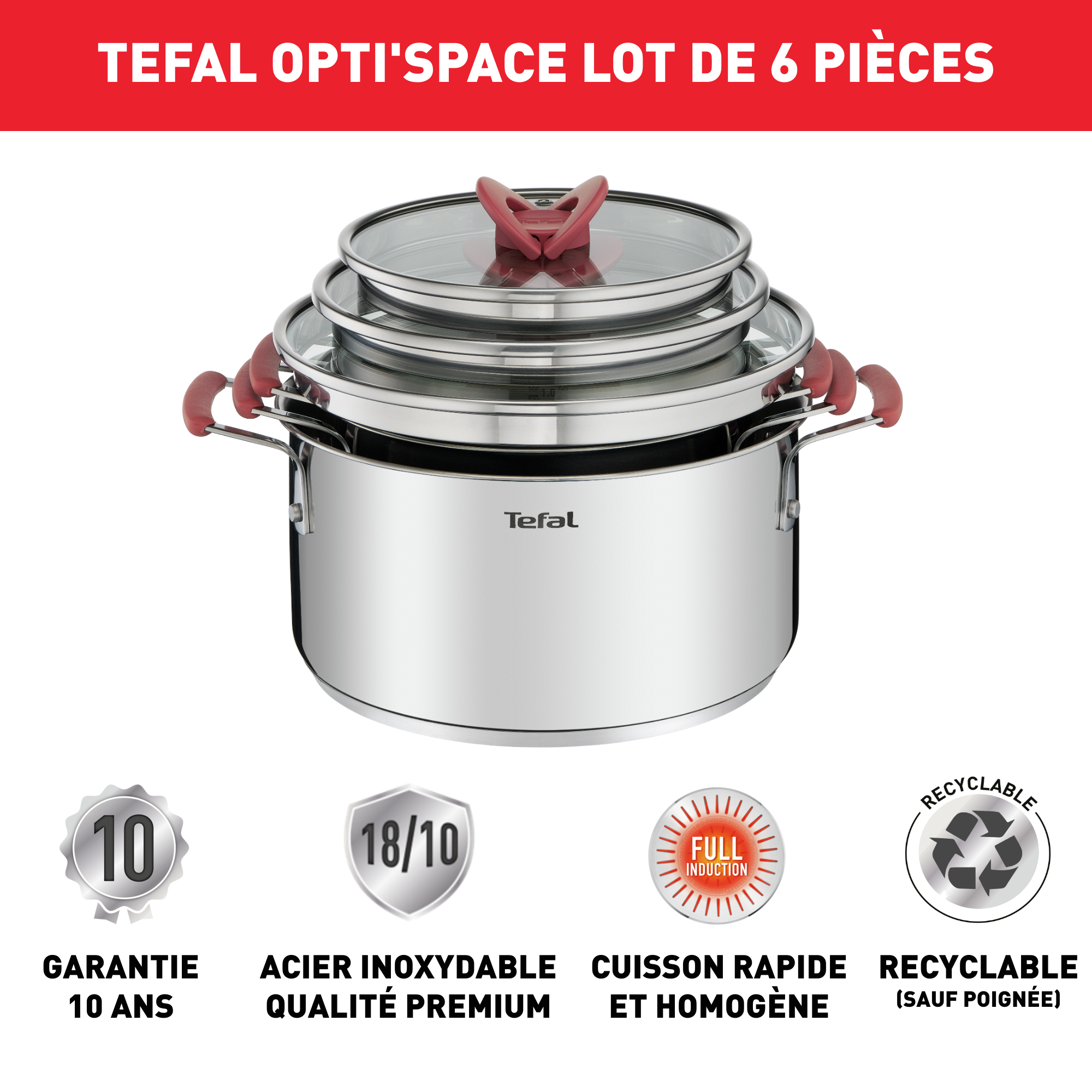 Opti'space, Inox, Faitouts 18/20/24 cm + couvercles, Induction