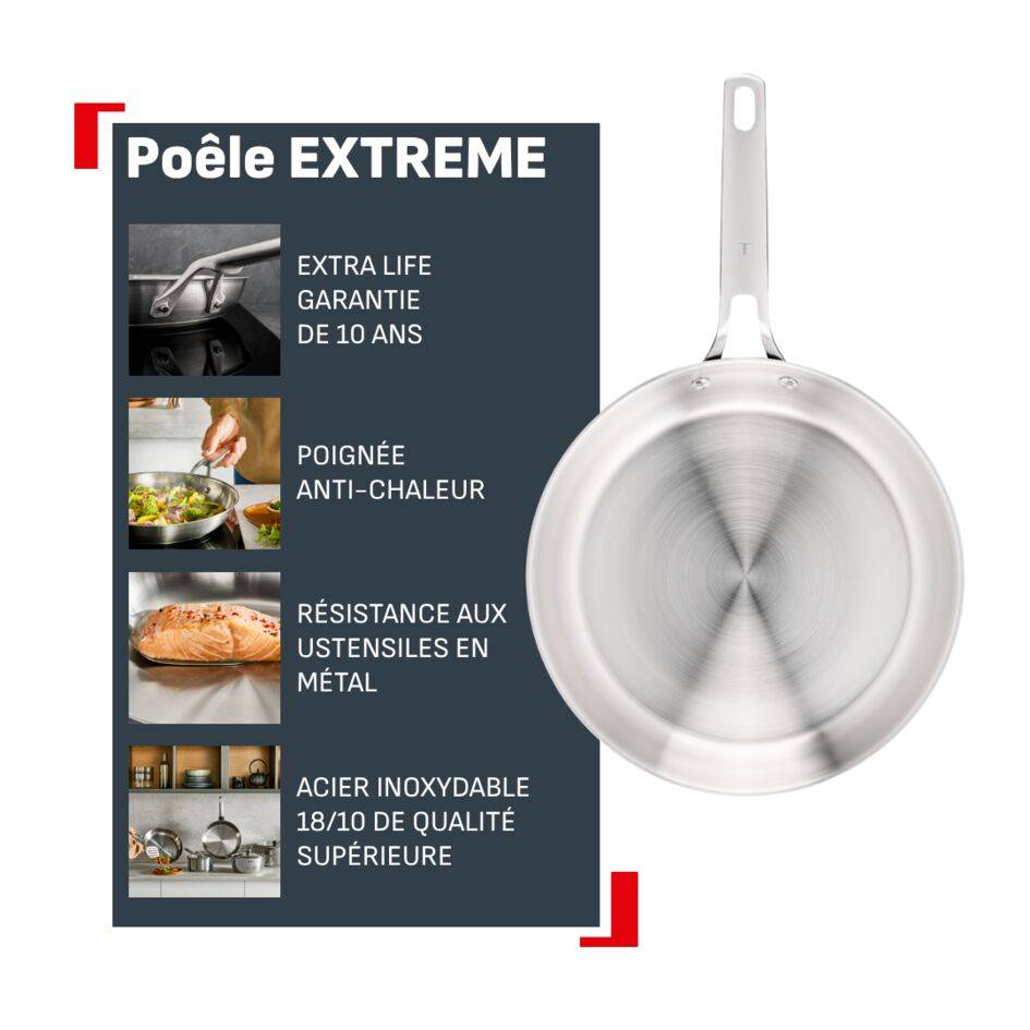 Extreme, Poêle 24 cm, Acier inoxydable de qualité supérieure, Garantie 10 ans, Induction
