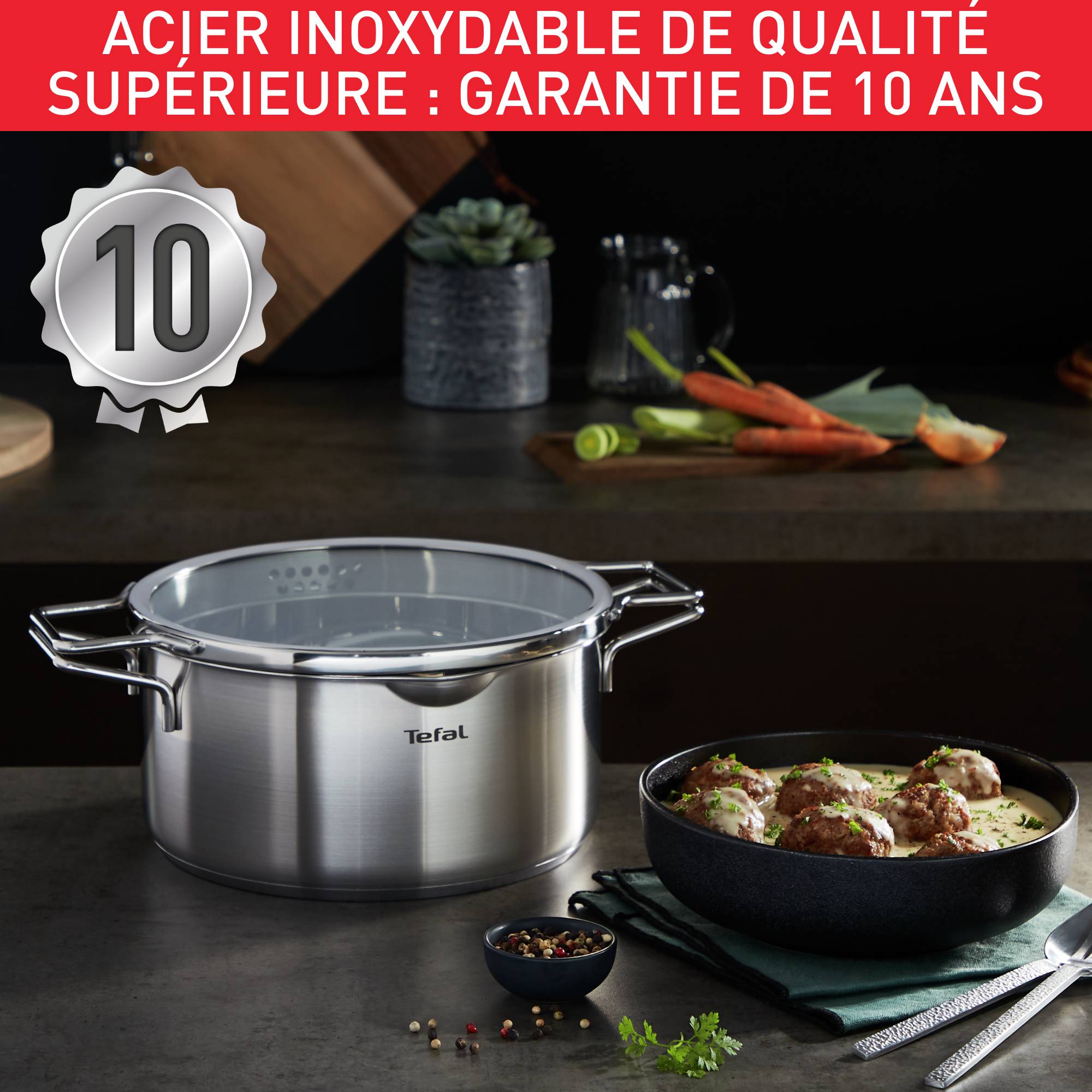 Nordica, Inox, Batterie de cuisine 6 p, Couvercle égouttoir, Induction