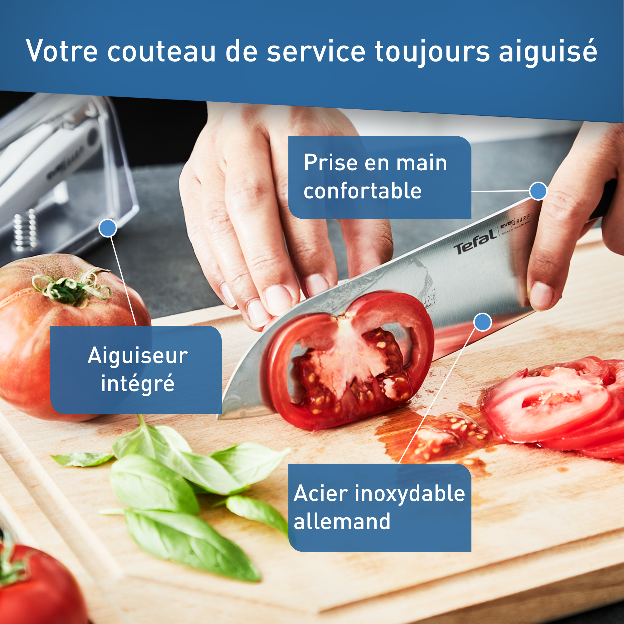 Ever Sharp Couteau de chef 16,5 cm + aiguiseur intégré avec étui, Technologie brevetée
