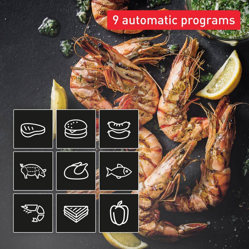 Optigrill 2 en 1, grill intelligent, fonction BBQ, 6 programmes, mode manuel, ouverture 180°, 4 personnes, noir