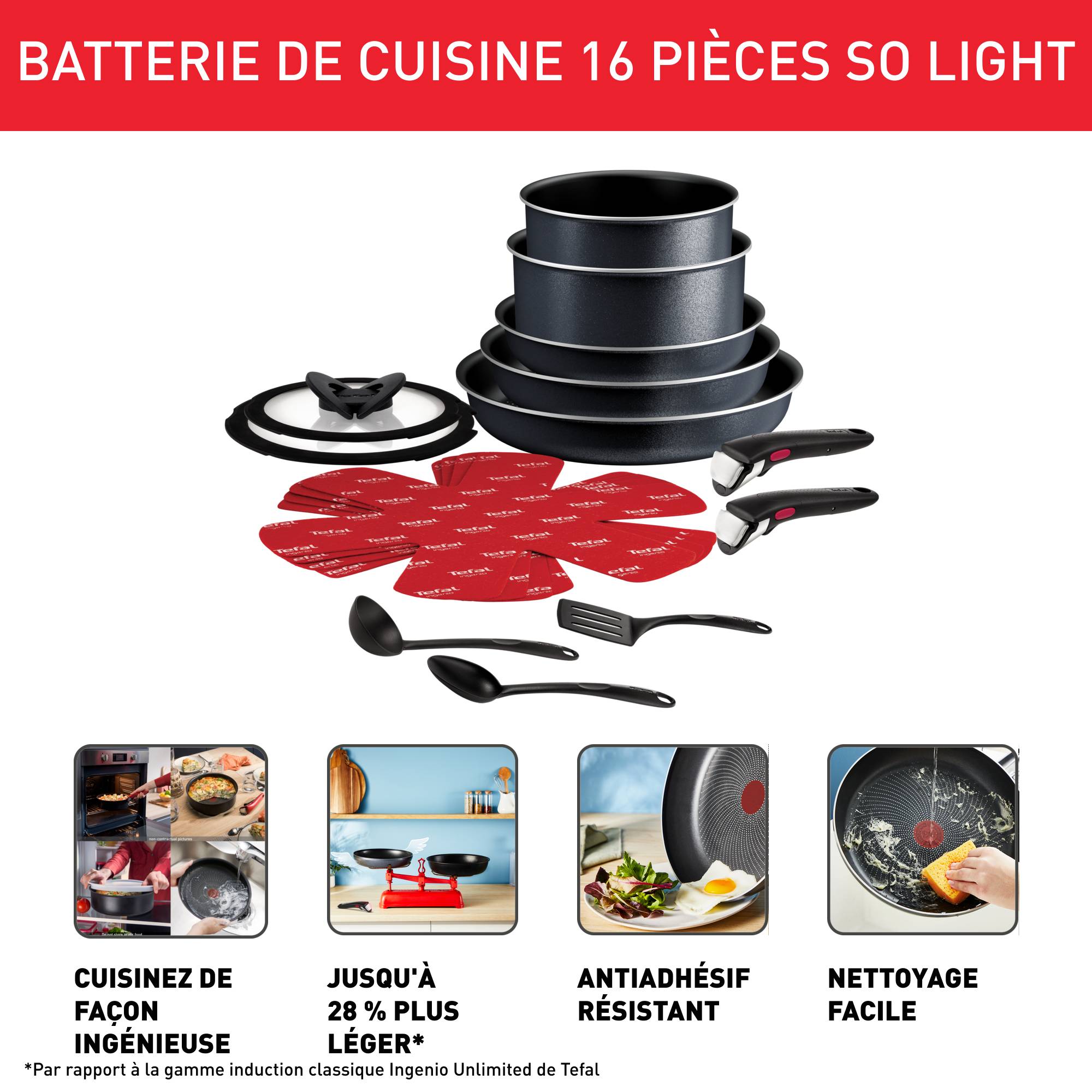 Ingenio So'Light, Antiadhésif, Lot 16 pièces + 2 poignées, Induction, Légèreté