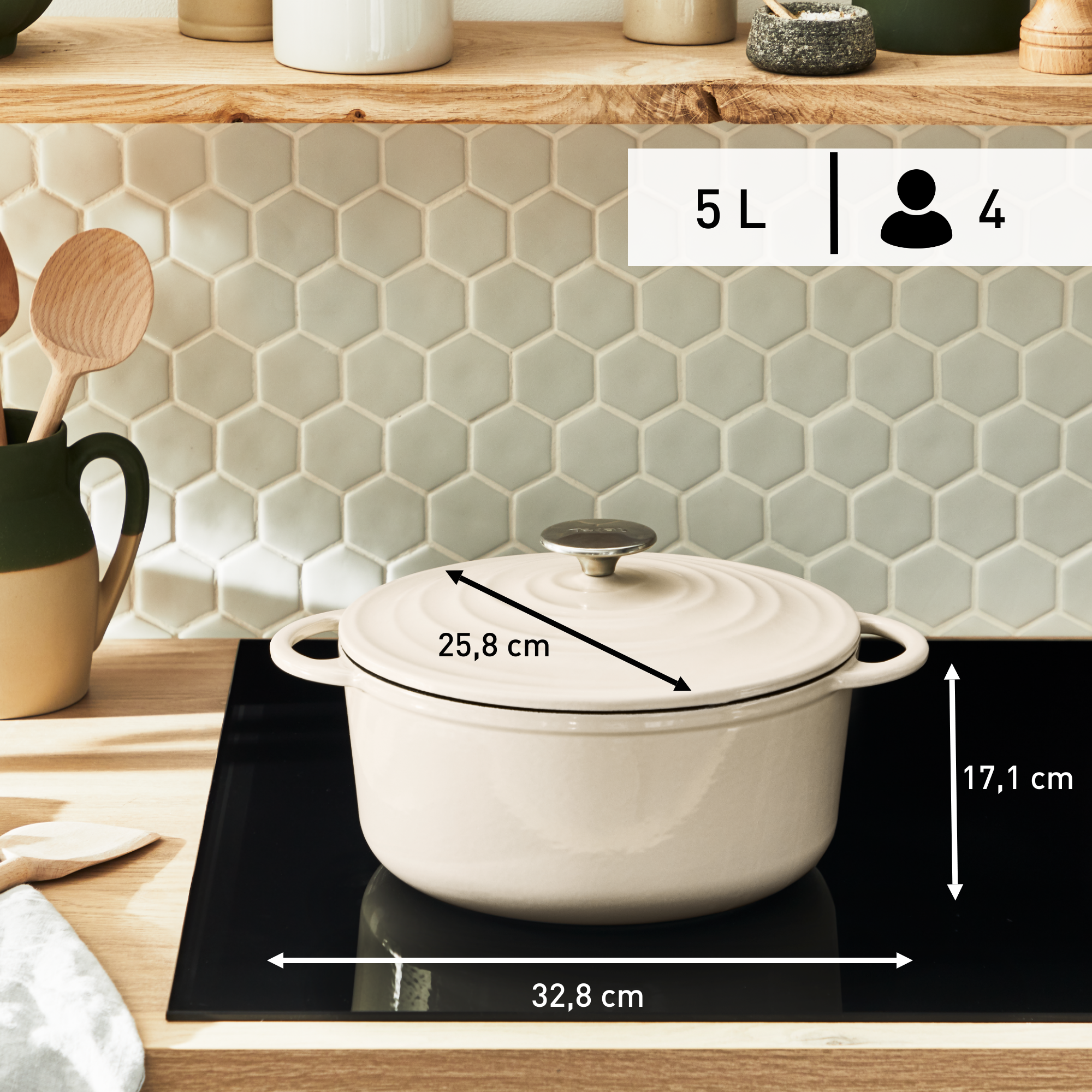 LOV, Cocotte en fonte ronde 25 cm, Induction, Four, Éco-conçue, Beige