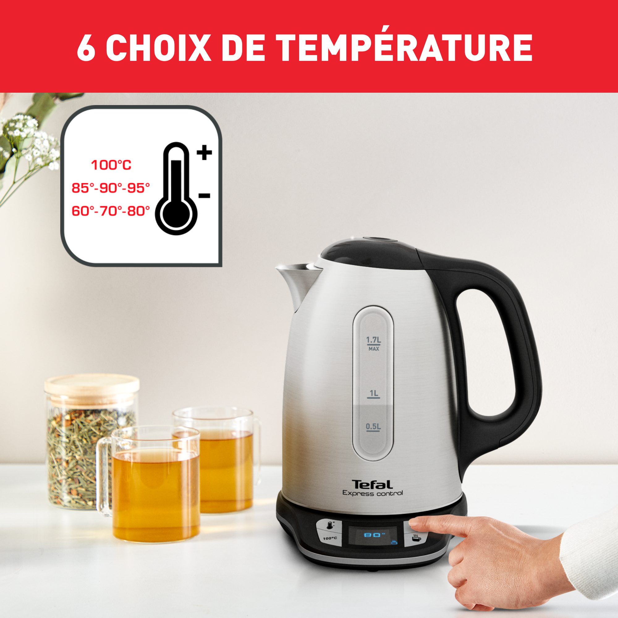 Bouilloire électrique Express inox sans fil 1,7 L, Réglable de 60 à 100°
