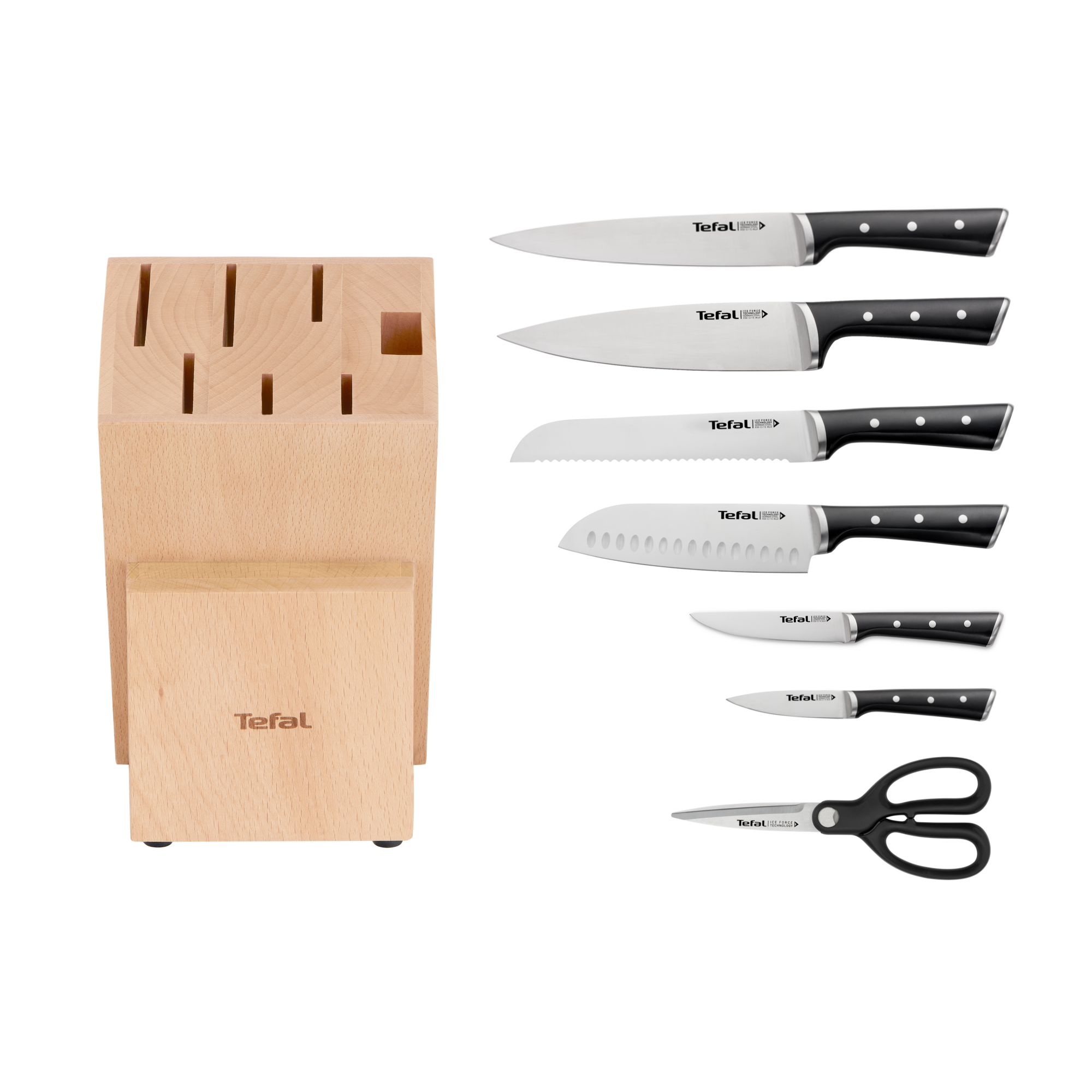 Ice Force set 7 pièces : Bloc couteaux universel en bois FSC + Couteaux : Cuisine 9 cm + Chef 20 cm + Utilité 11 cm + Santoku 18 cm + A trancher 20 cm + A pain 20 cm + Ciseaux de cuisine