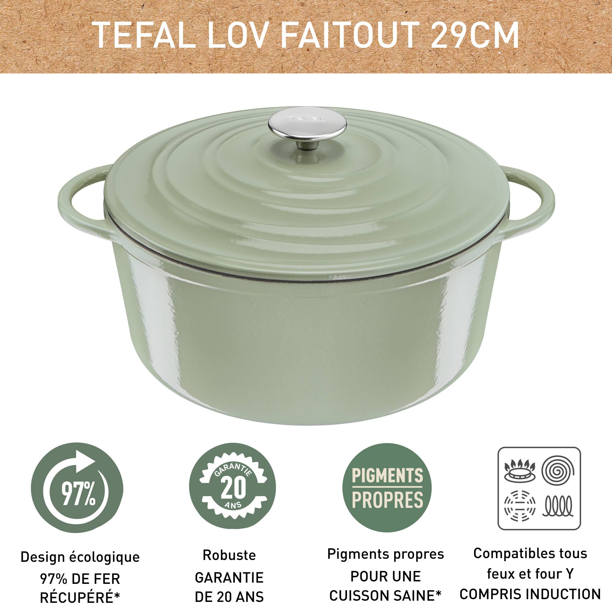 LOV, Cocotte en fonte ronde 29 cm, Induction, Four, Éco-conçue, Vert Lichen