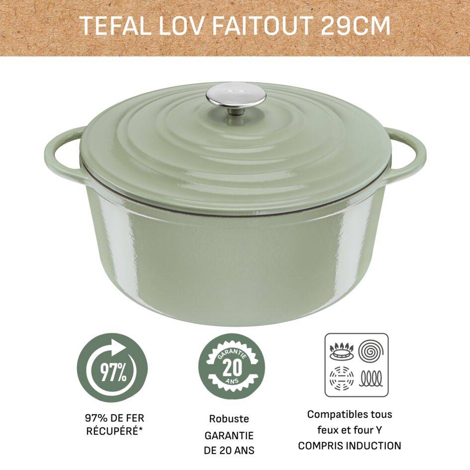 LOV, Cocotte en fonte ronde 29 cm, Induction, Four, Vert Lichen