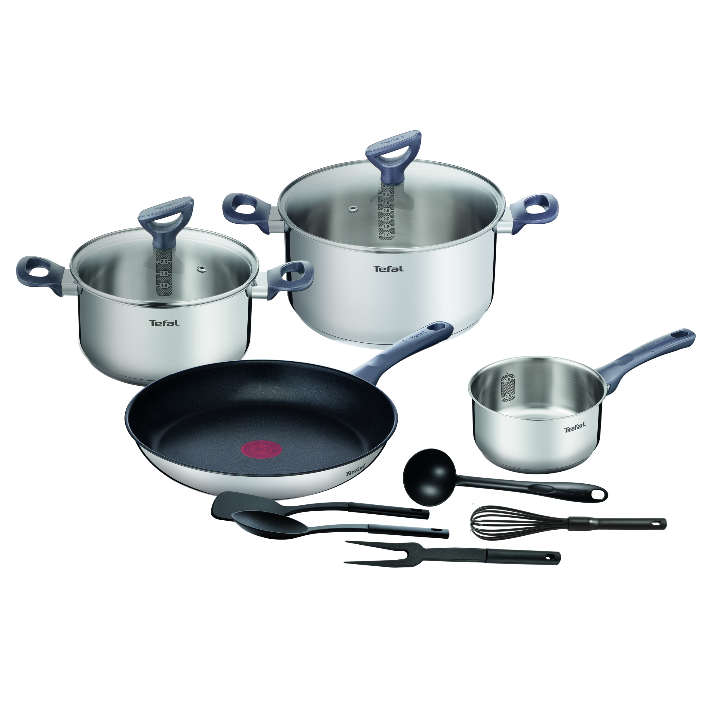 Daily Cook Set 11 pcs Casserole 16 cm + Faitouts 20/24 cm avec couvercles + Poêle 28 cm + fourchette, fouet, louche, cuillère, spatule