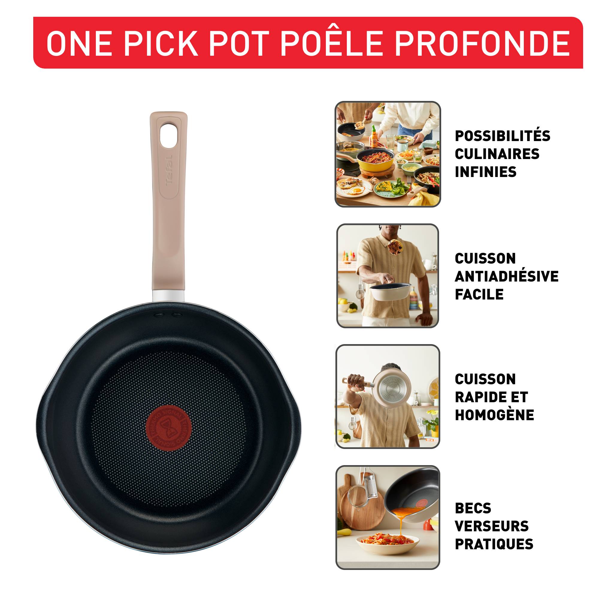 One Pick Pot, Poêle profonde 22 cm, Antiadhésif résistant, Becs verseurs, Induction