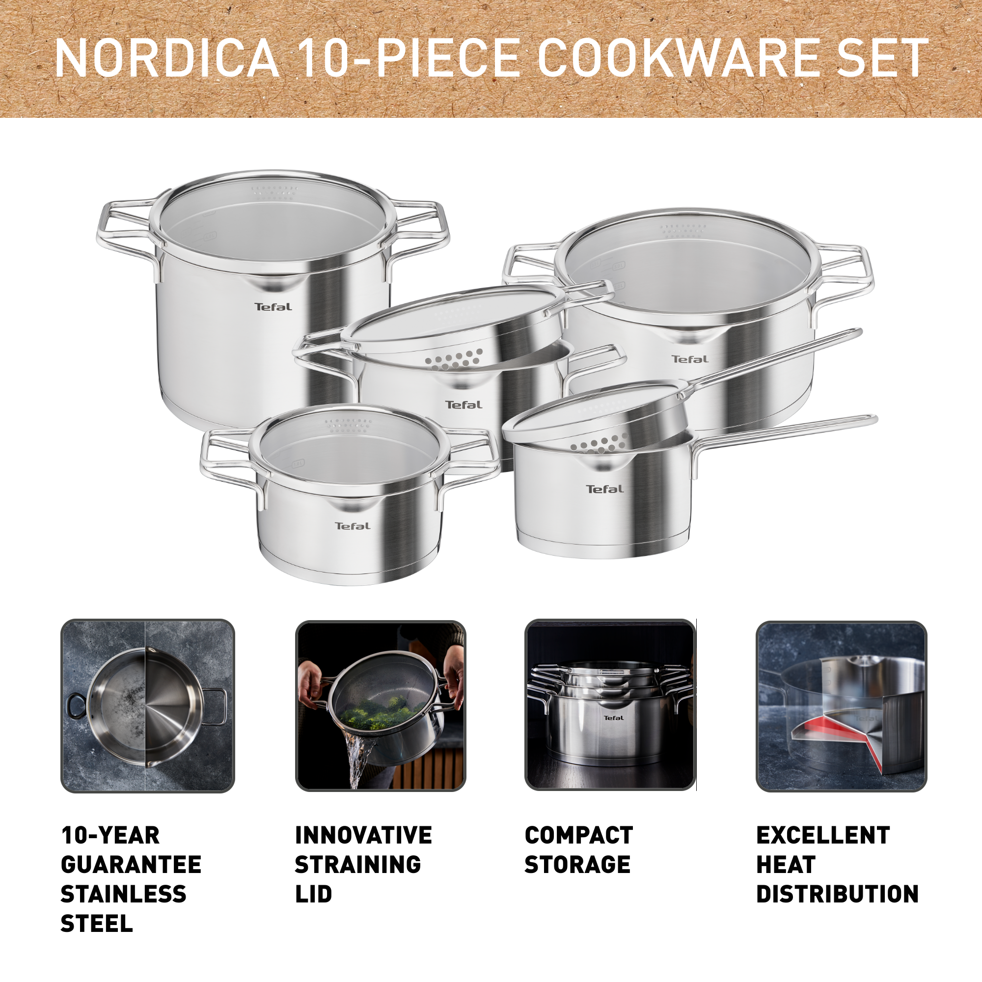 Nordica, Inox, Batterie de cuisine 8 p, Couvercle égouttoir, Induction