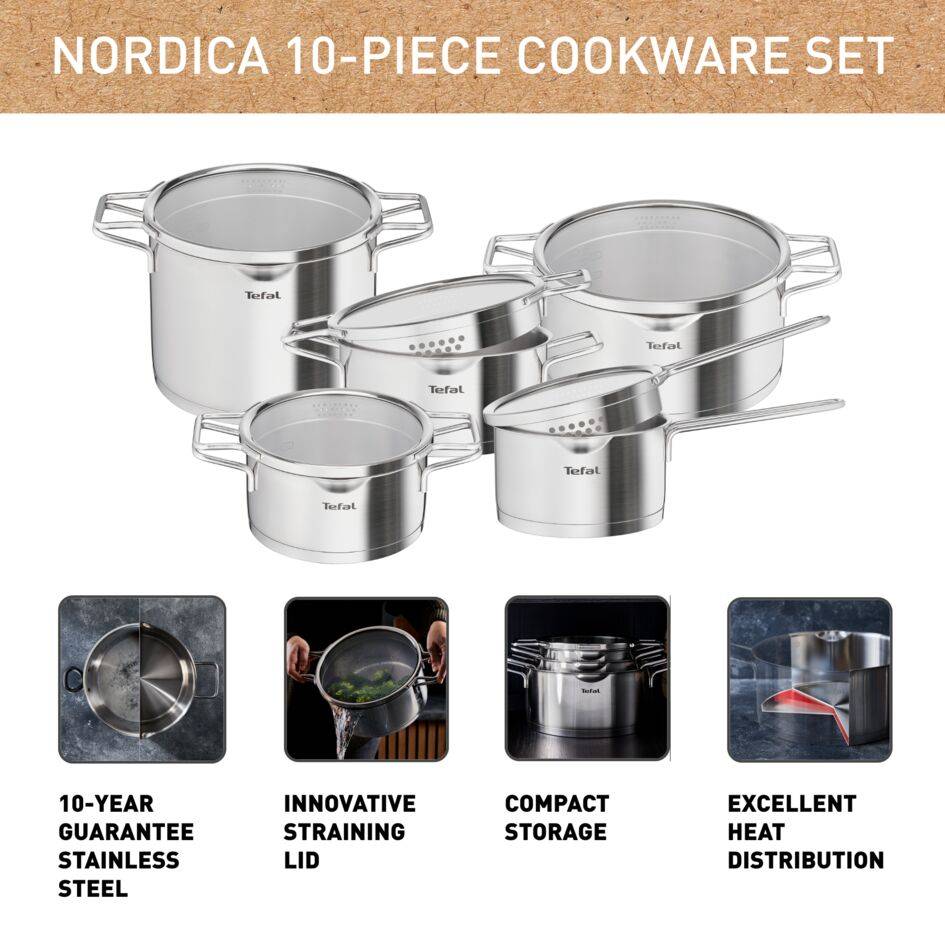 Nordica, Inox, Batterie de cuisine 8 p, Couvercle égouttoir, Induction