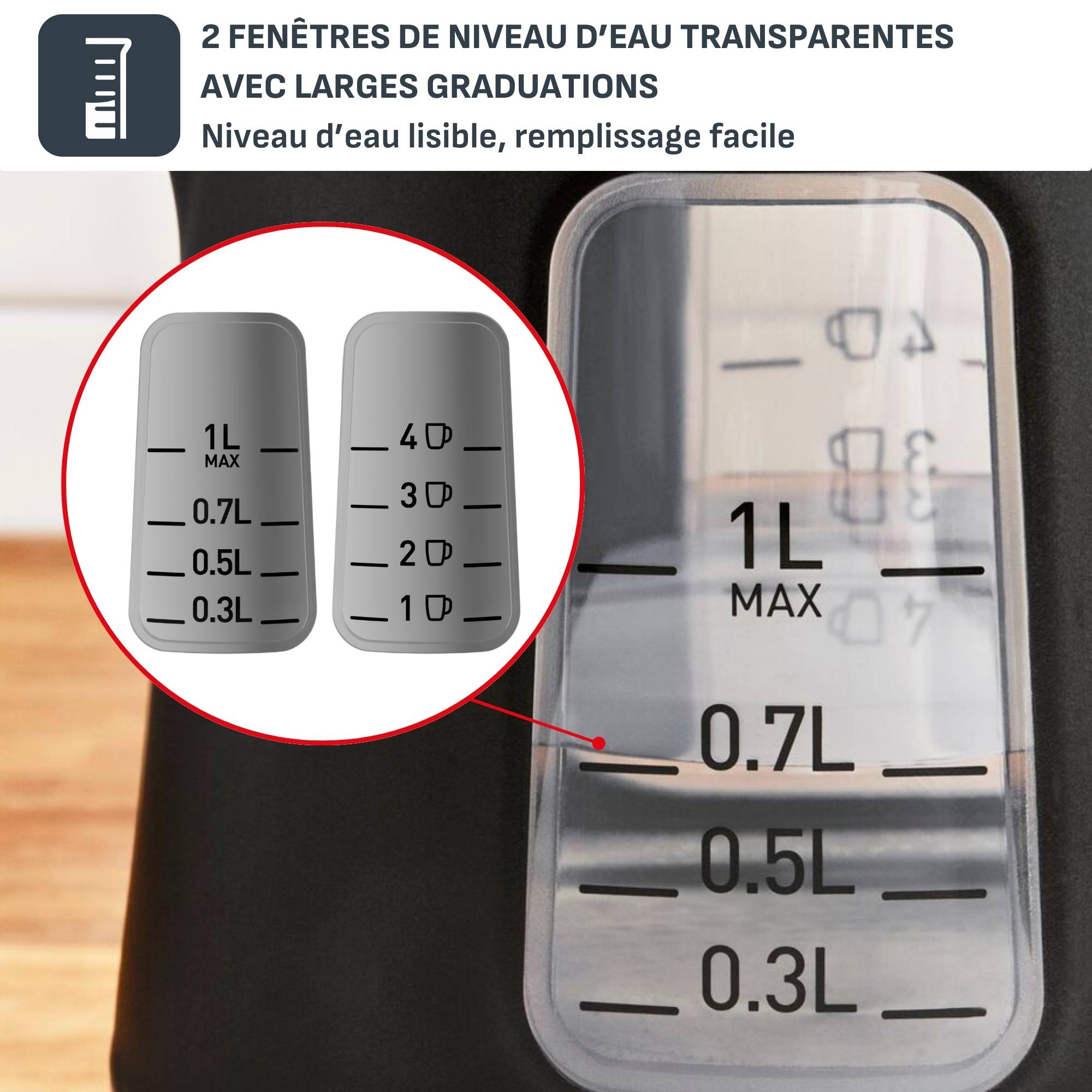 Bouilloire électrique INCLUDEO 1 L, Utilisation facile pratique, Poignée ergonomique