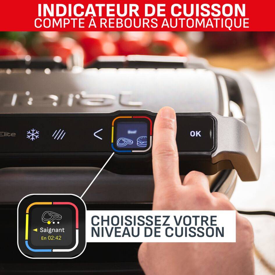 Optigrill Elite, grill intelligent, 12 programmes, mode manuel, fonction marquage, 4 personnes