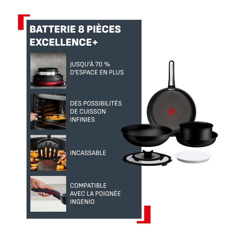 Ingenio Excellence+, Batterie de cuisine 8 pièces, Empilable, Revêtement antiadhésif
