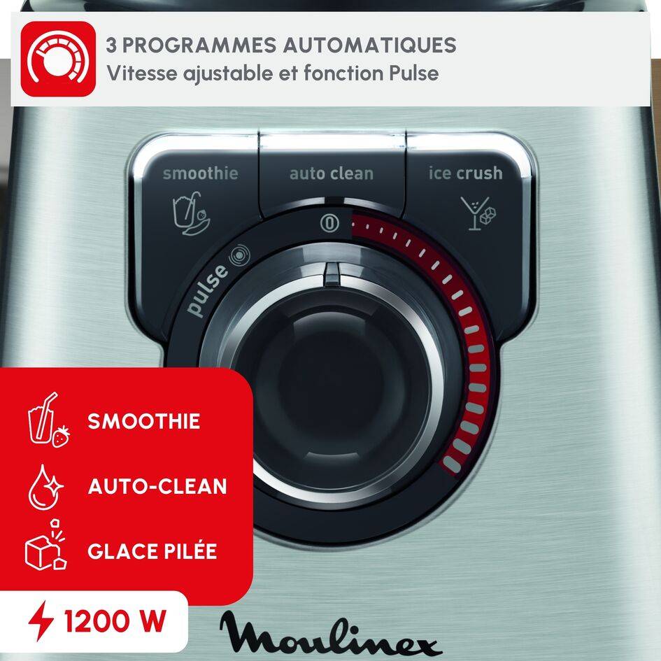 PerfectMix +, Blender haute performance,  Lames powelix, Bol en verre de 2L, 1200W, Noir silver