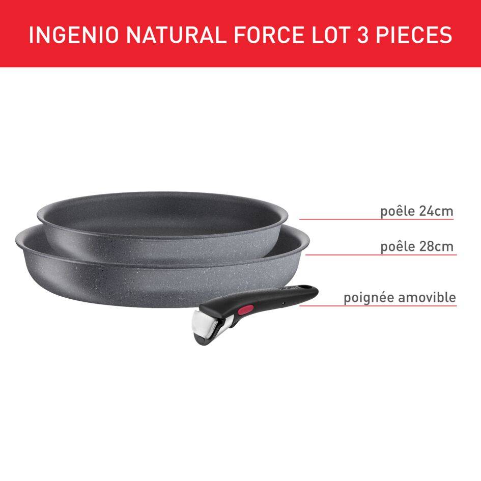 Ingenio Natural Force, Poêles manche amovible + poignée, Antiadhésif, Induction, 24/28cm