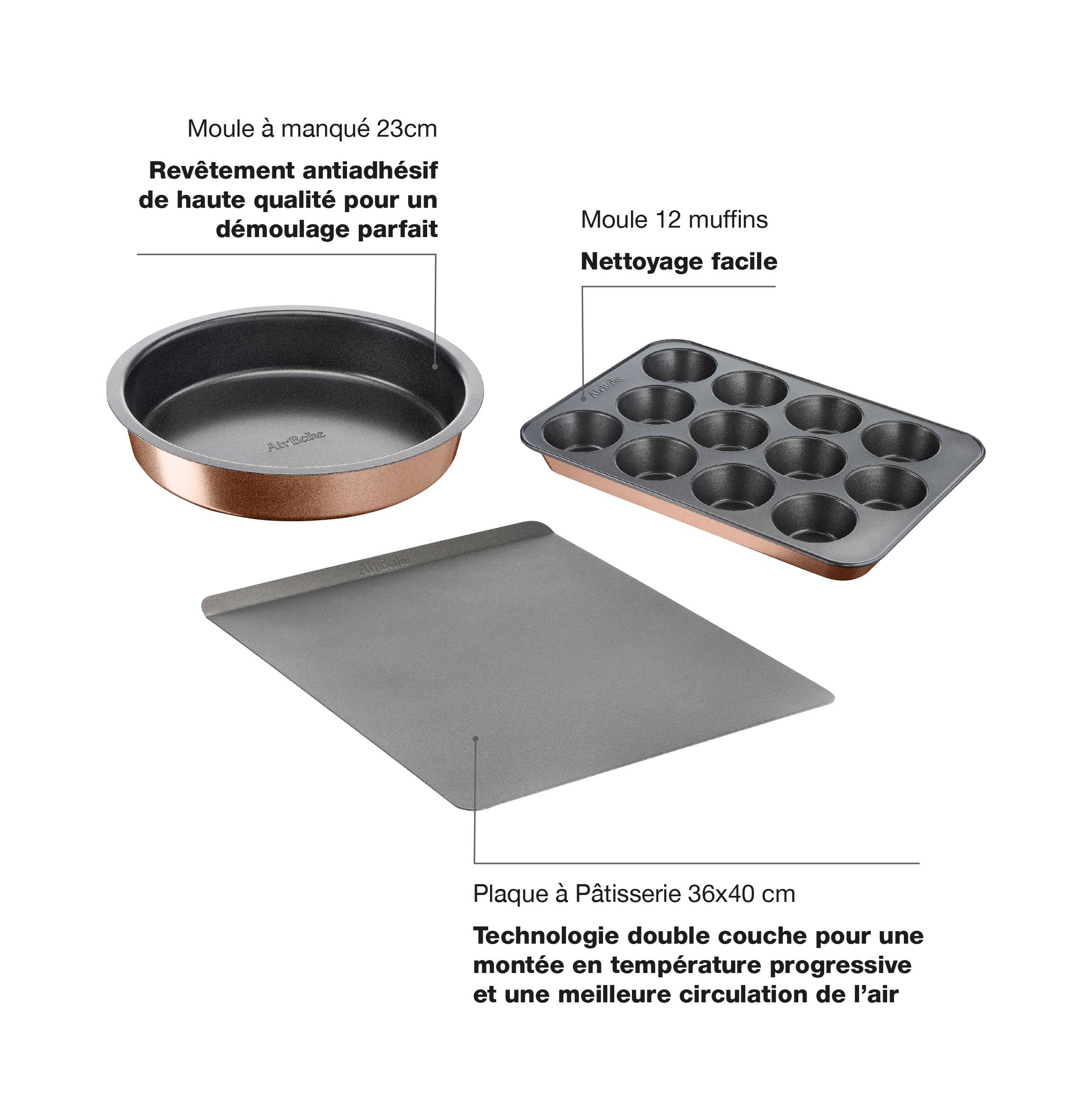 AIRBAKE Moule à manqué 23cm + Moule 12 muffins + Plaque à pâtisserie 36x40cm