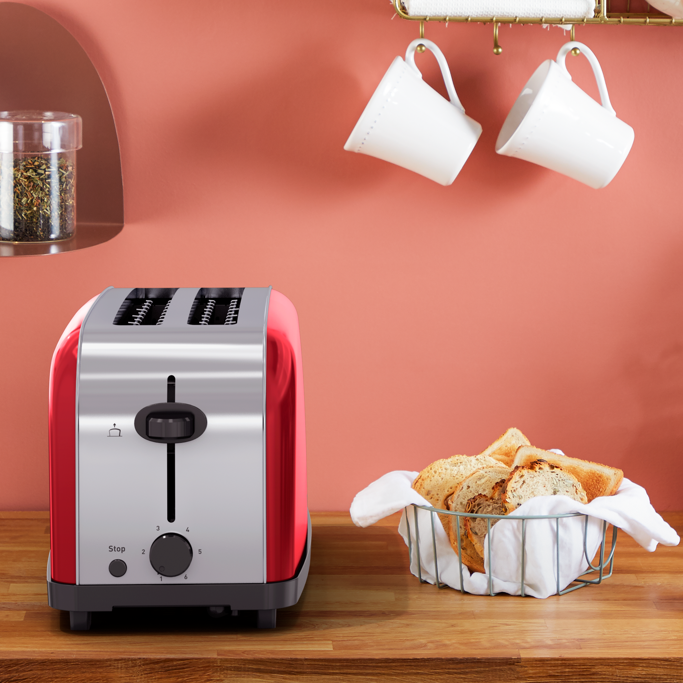 Grille-pain tefal 2 longues fentes rouge inox