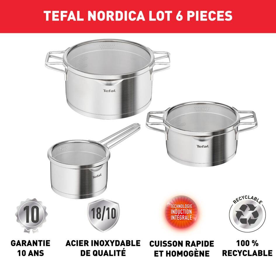 Nordica, Inox, Batterie de cuisine 6 p, Couvercle égouttoir, Induction