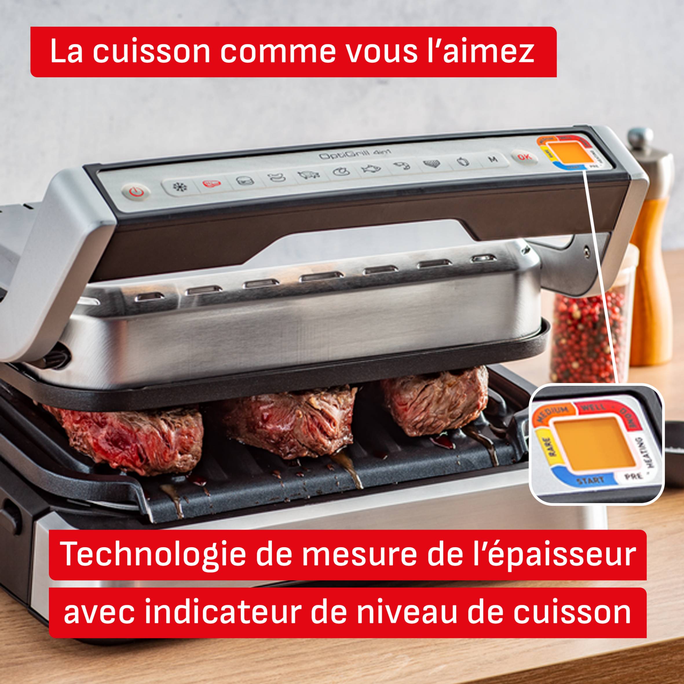 Optigrill 4-en-1, Grill intelligent, Fonctions barbecue et four, 9 programmes, Cuissons sur mesure