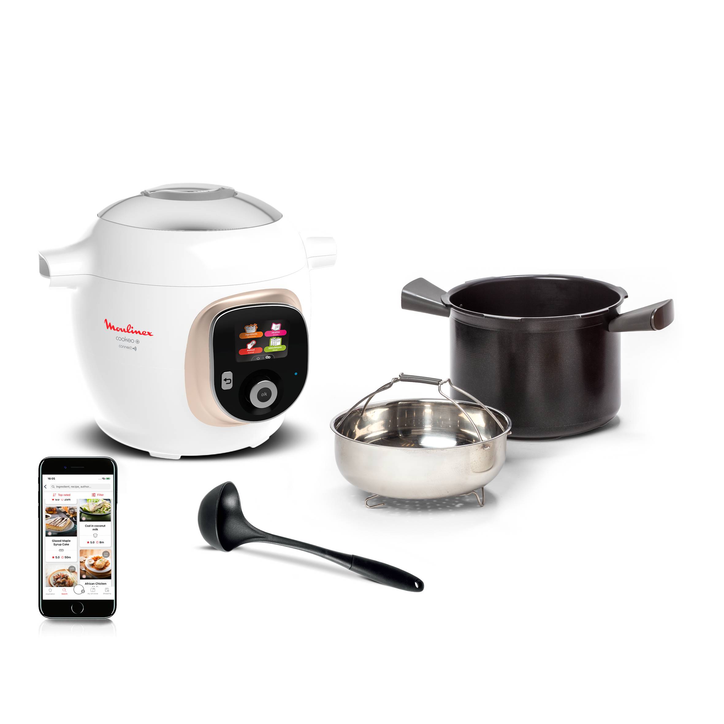Cookeo+ Connect 200 recettes Blanc, avec louche incluse