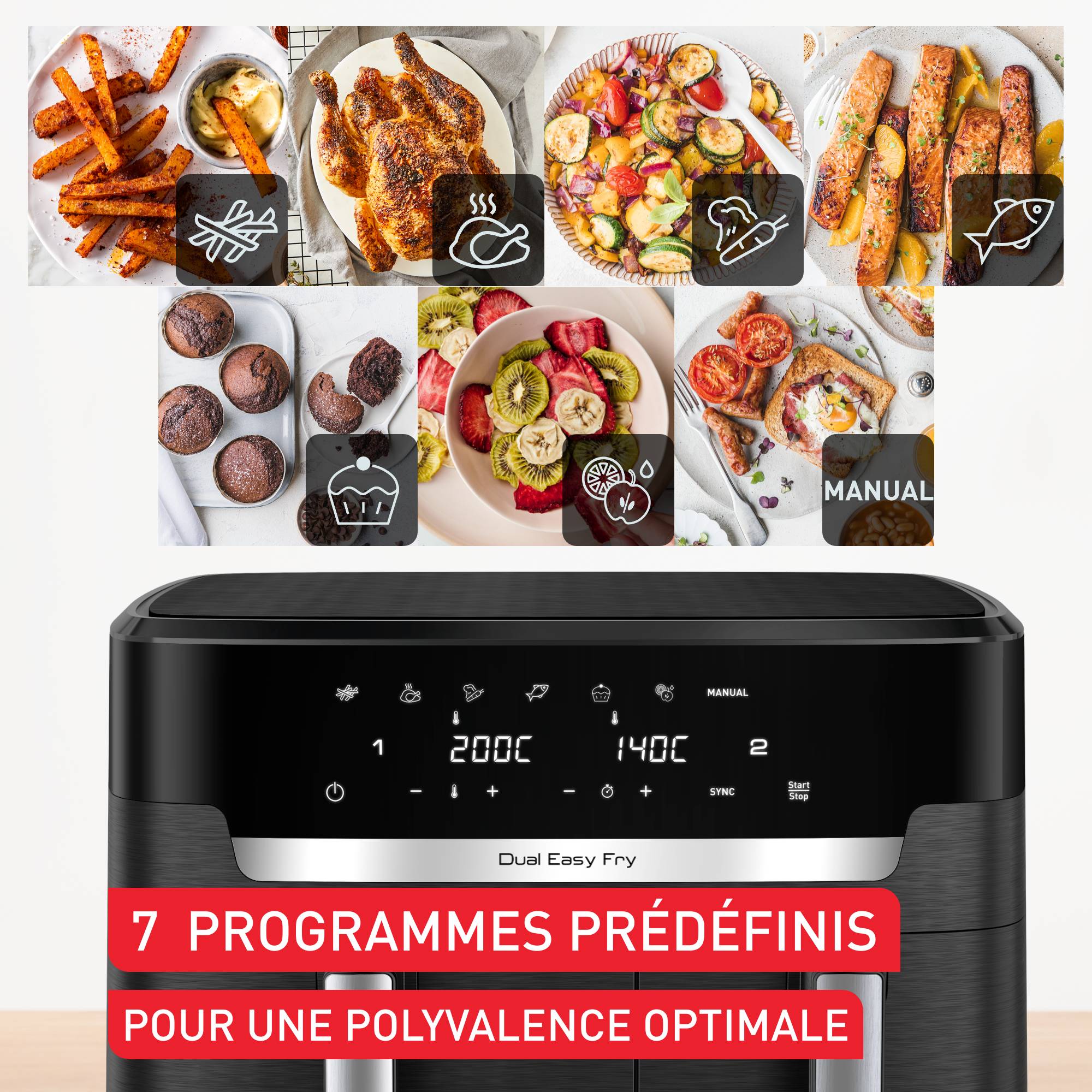Dual Easy Fry XXL, Air fryer double tiroir, 11L, Jusqu'à 10&nbsp;personnes