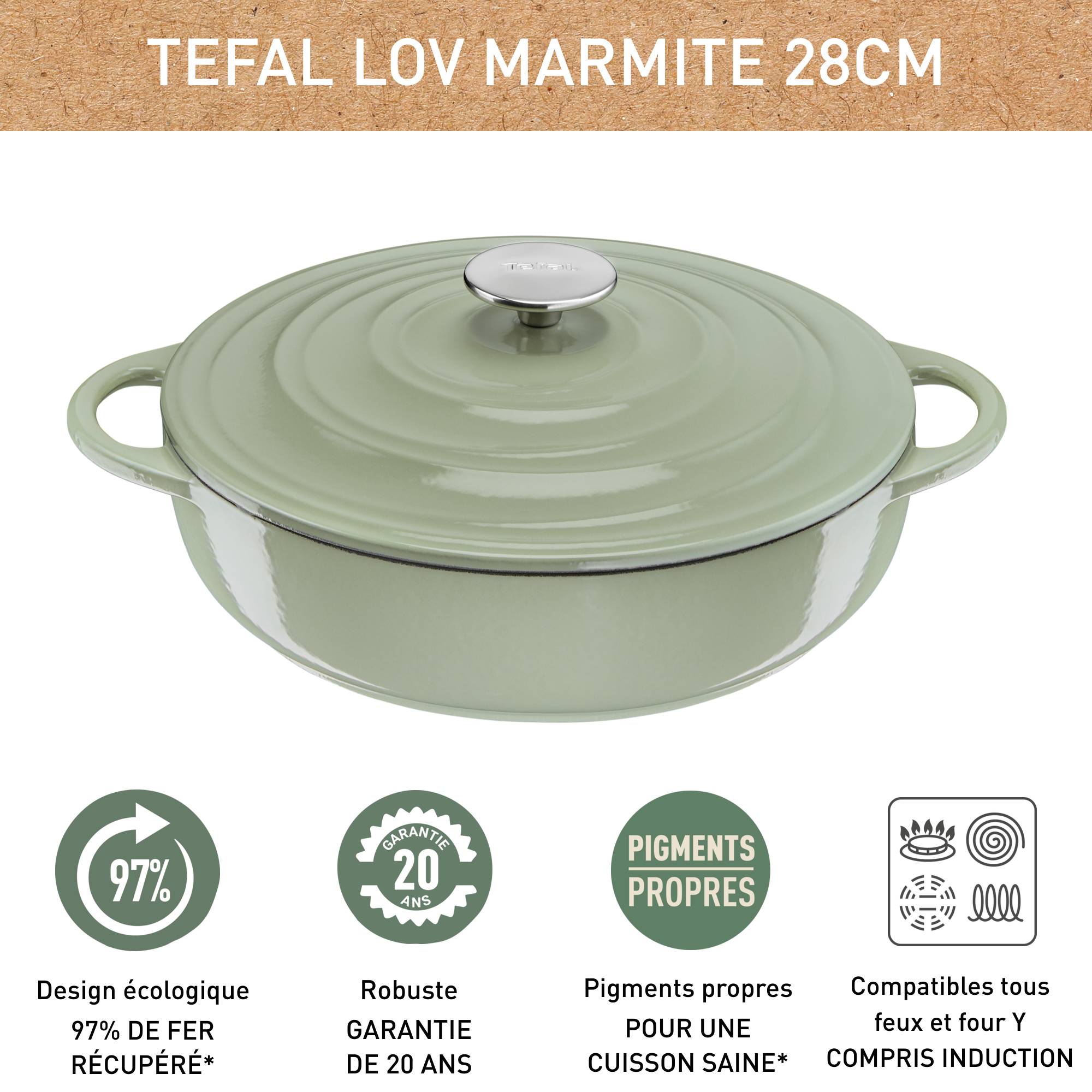 LOV, Sauteuse en fonte 28 cm, Induction, Four, Éco-conçue, Vert Lichen