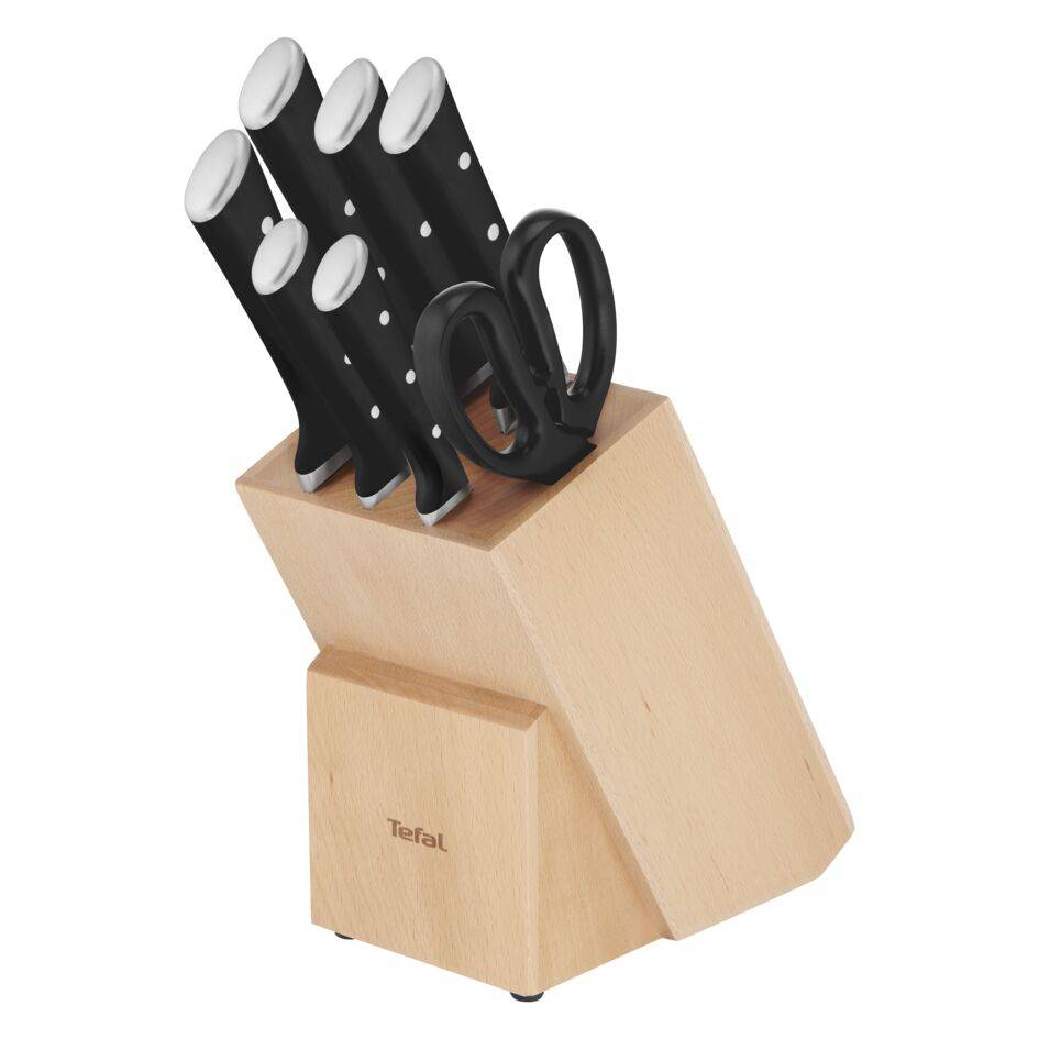 Ice Force set 7 pièces : Bloc couteaux universel en bois FSC + Couteaux : Cuisine 9 cm + Chef 20 cm + Utilité 11 cm + Santoku 18 cm + A trancher 20 cm + A pain 20 cm + Ciseaux de cuisine