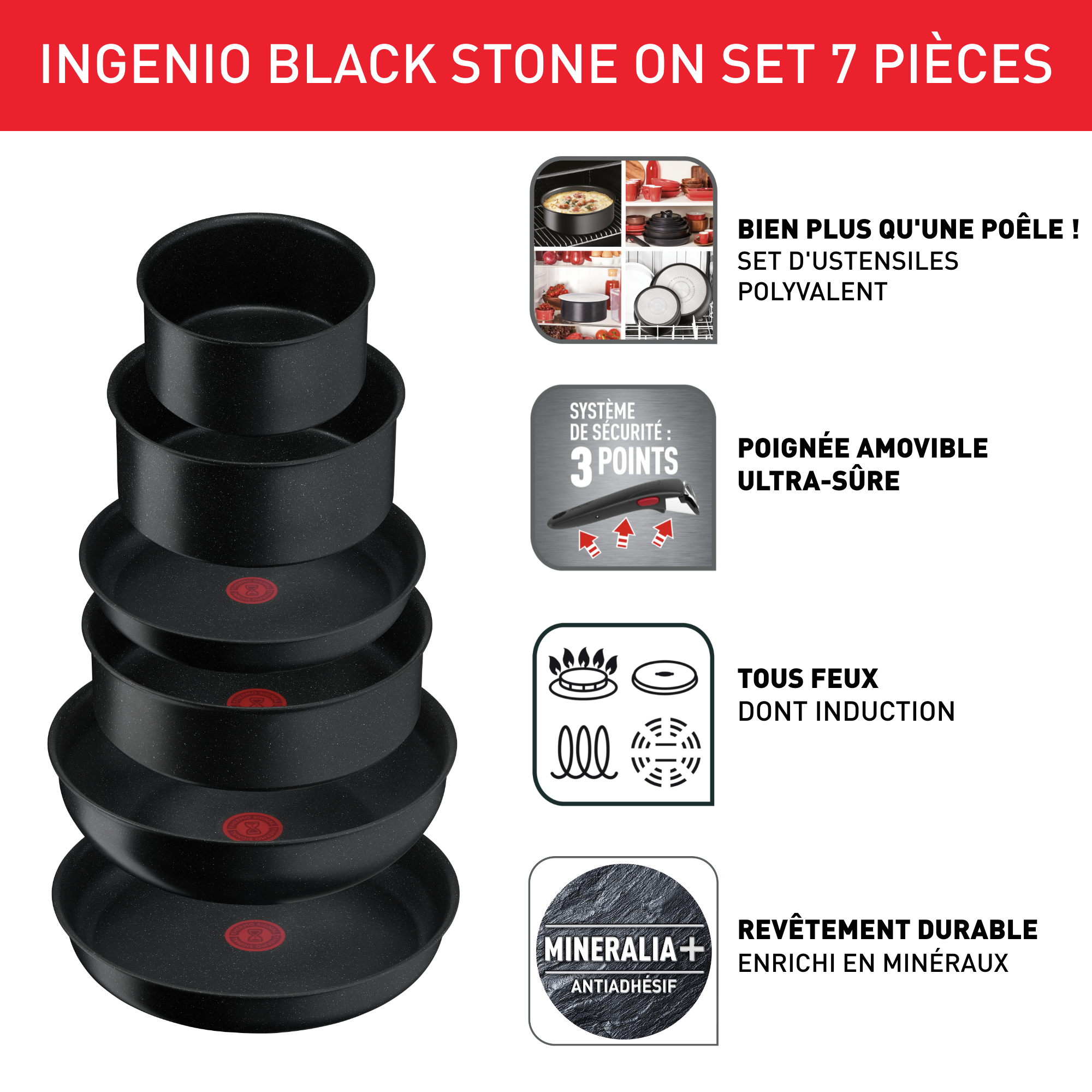 Ingenio Black Stone, Antiadhésif, Batterie de cuisine 7 pièces, Induction