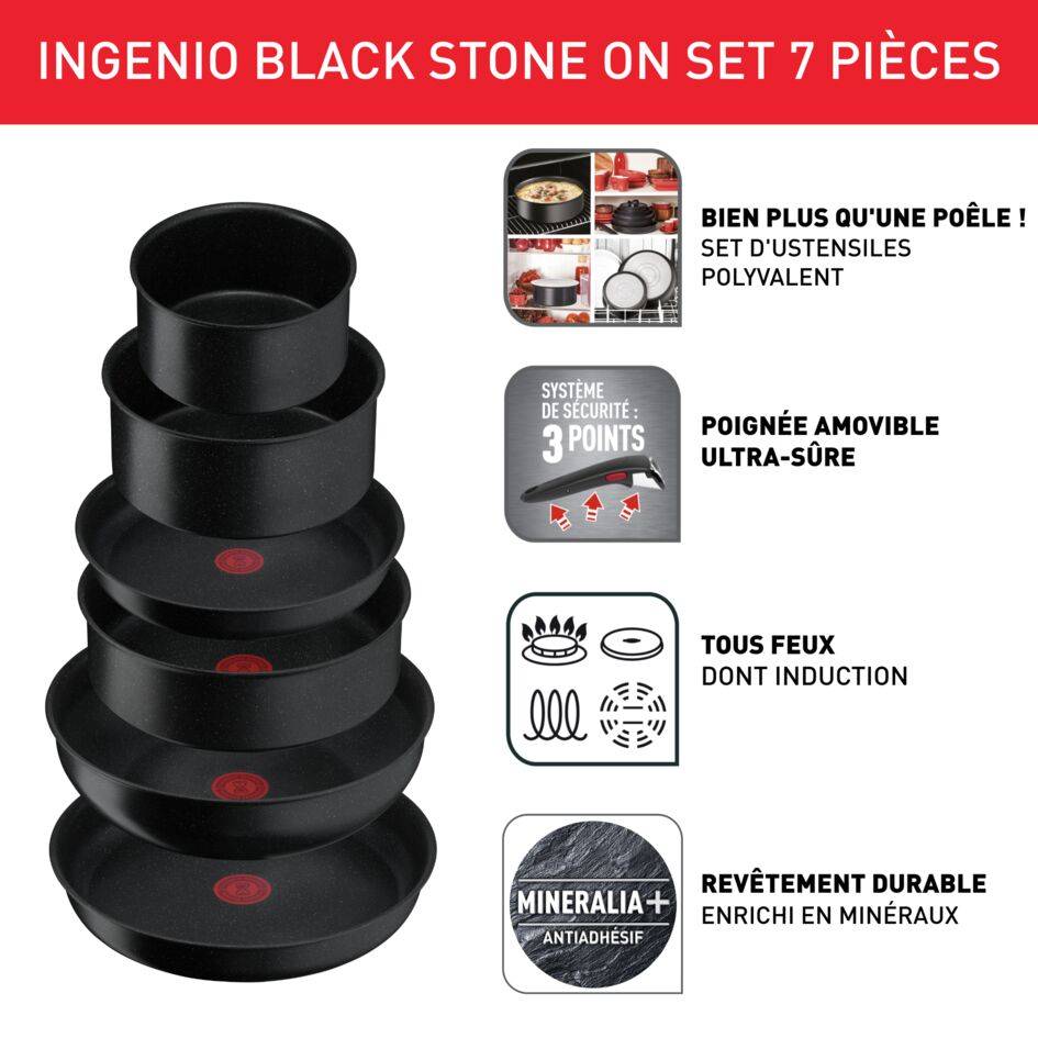 Ingenio Black Stone, Antiadhésif, Batterie de cuisine 7 pièces, Induction