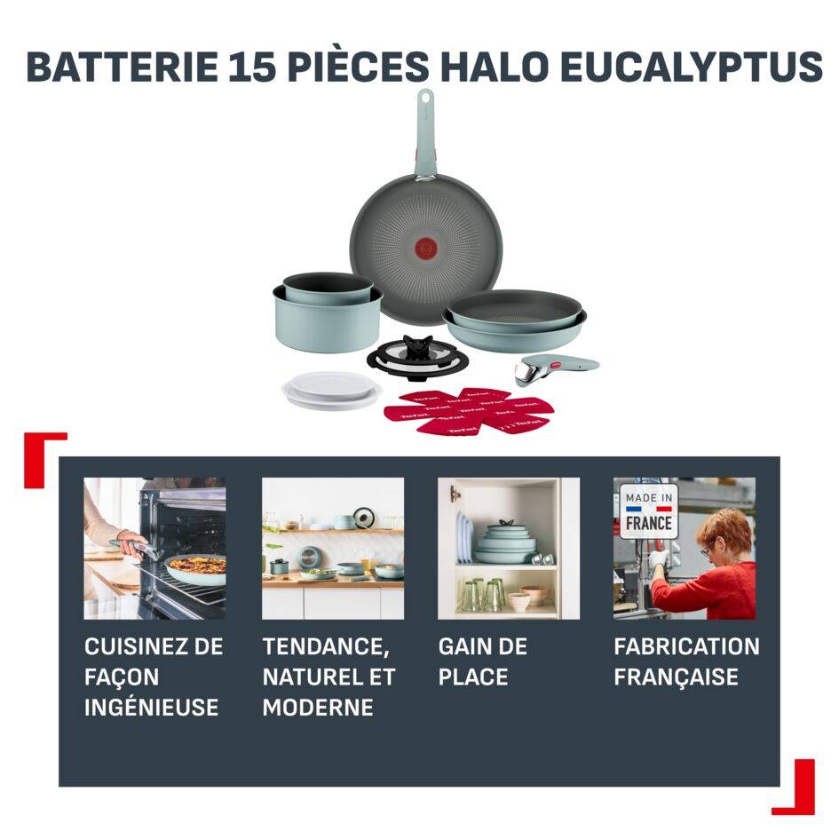 Halo Eucalyptus, Batterie de cuisine 15&nbsp;pièces, Poignée assortie, Empilable