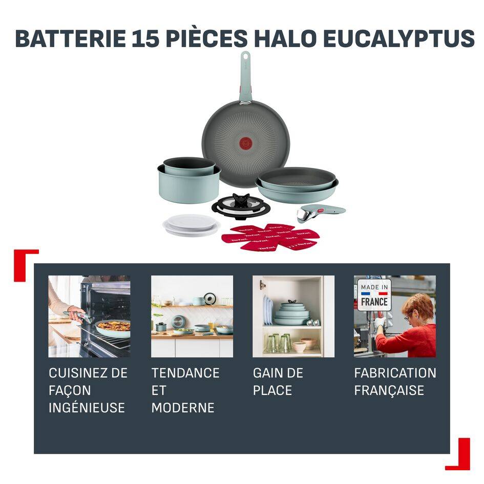 Halo Eucalyptus, Batterie de cuisine 15 pièces, Poignée assortie, Empilable