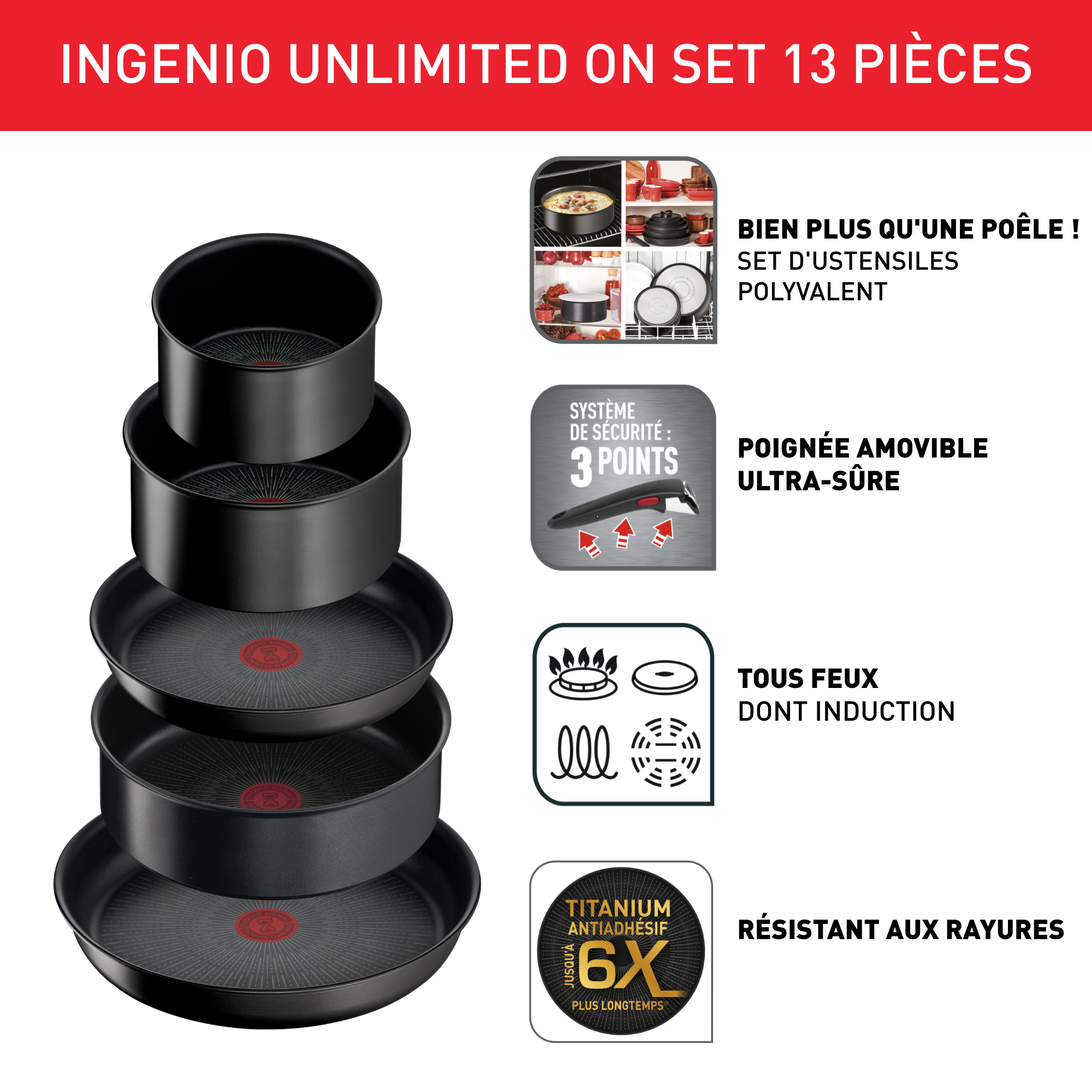 Ingenio Unlimited, Antiadhésif, Batterie de cuisine 13 pièces, Induction