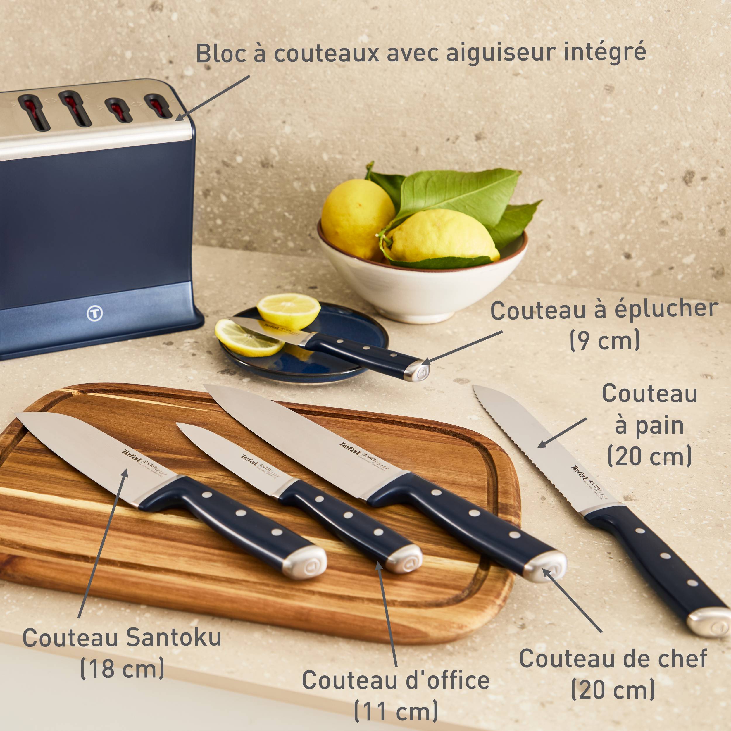 EverSharp, Set de couteaux 5&nbsp;pièces et bloc de couteaux avec système d'aiguisage intégré